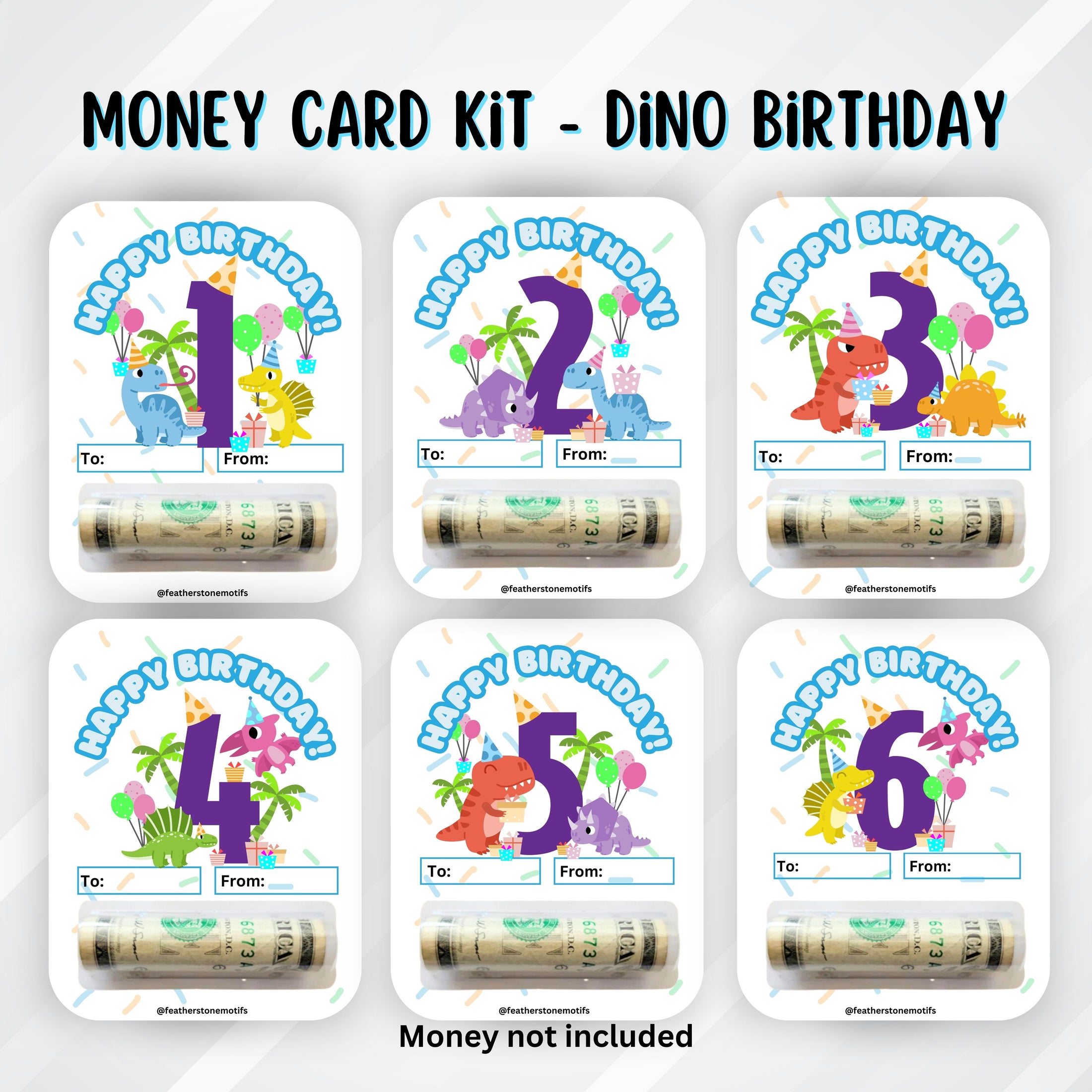 This image shows all six Dino Birthday Money Card sets with the money tube attached.