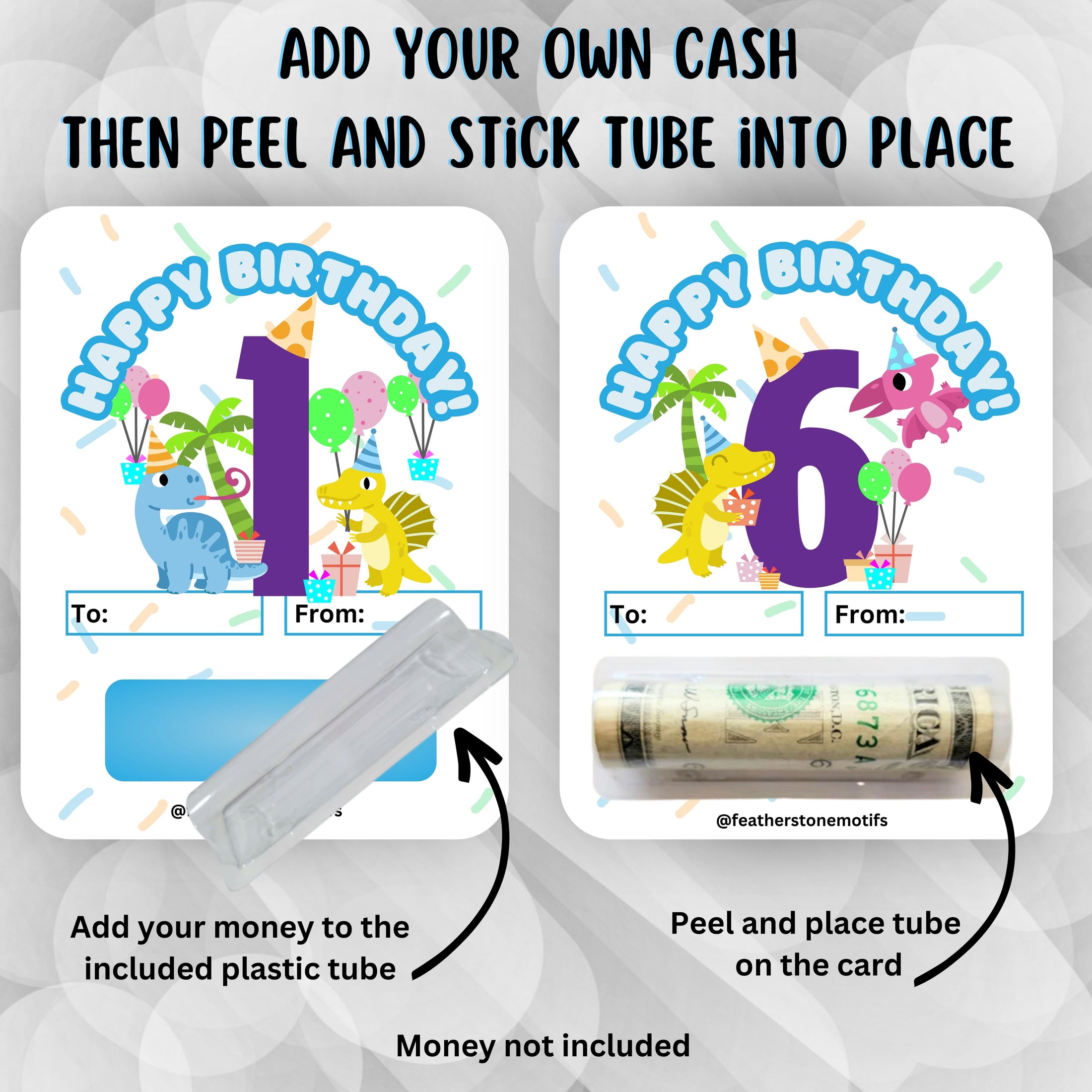 This image shows how to attach the money tube to the Dino Birthday Money Card.