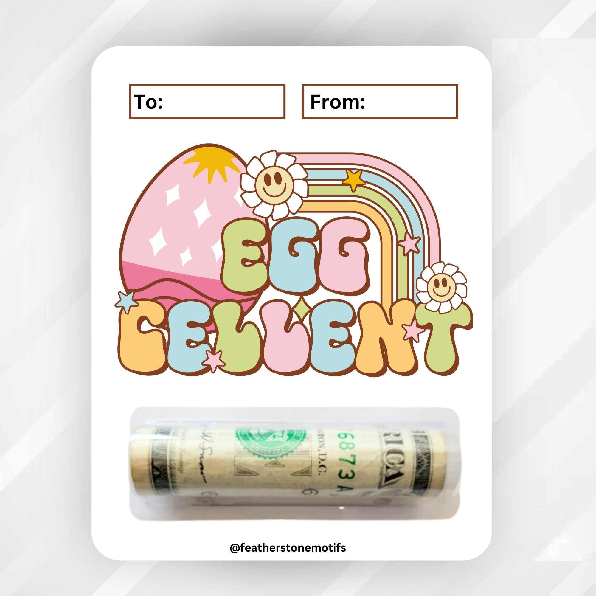 This image shows the money tube attached to the Egg Cellent Easter Money Card.