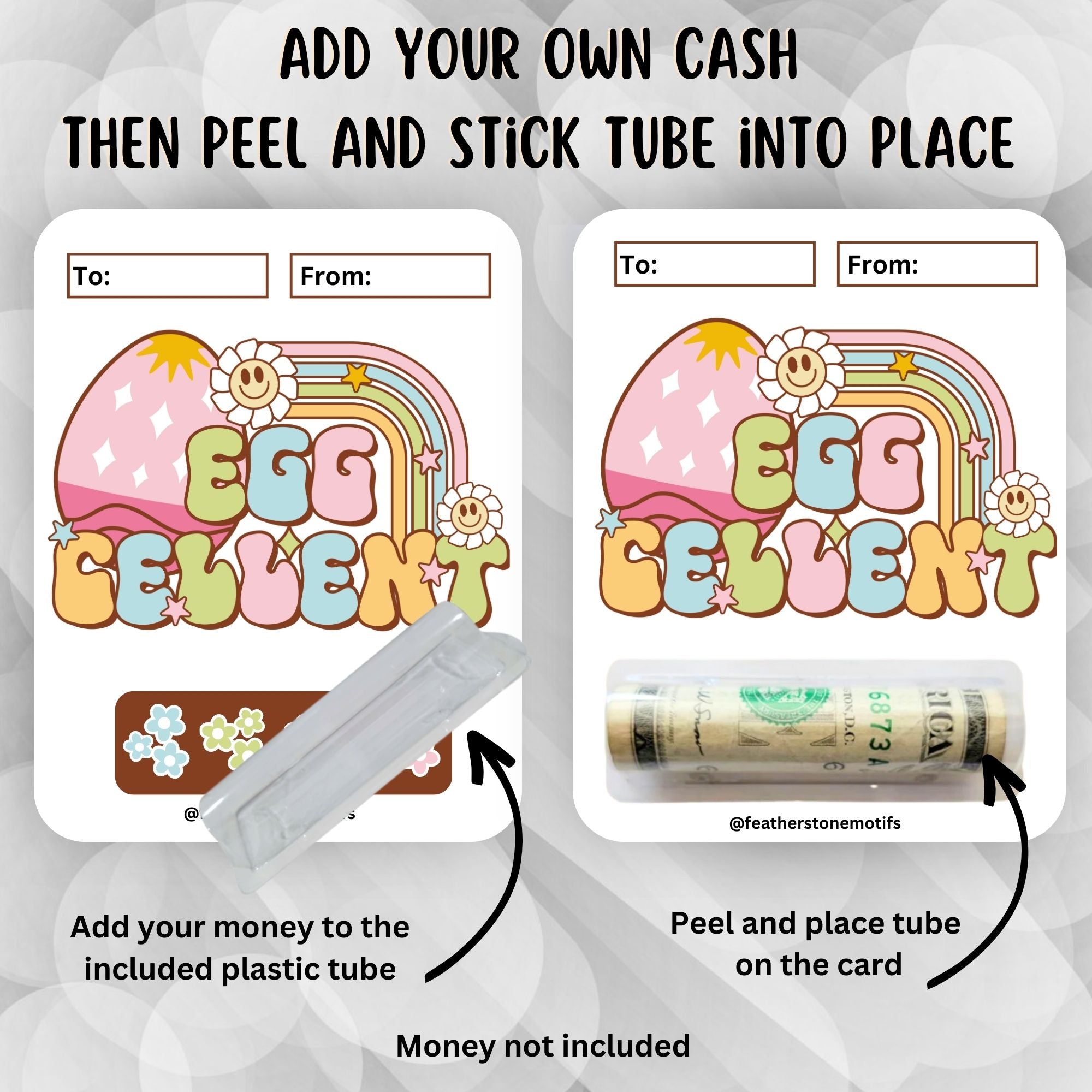 This image shows how to attach the money tube to the Egg Cellent Easter Money Card.