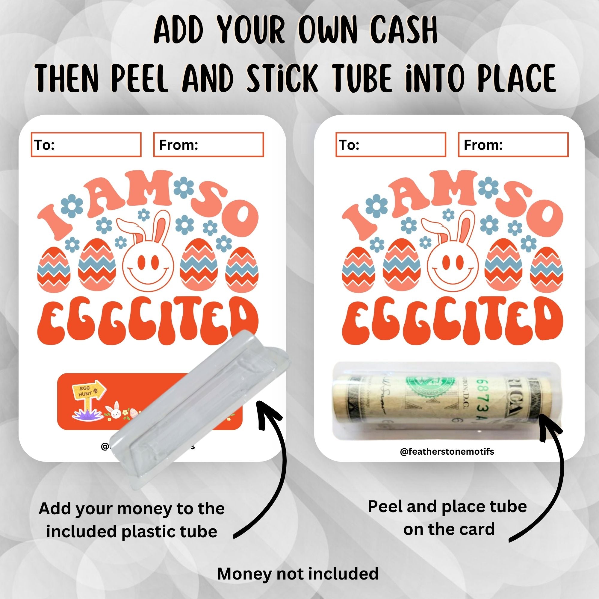 This image shows how to attach the money tube to the I am so Eggcited Easter Money Card.