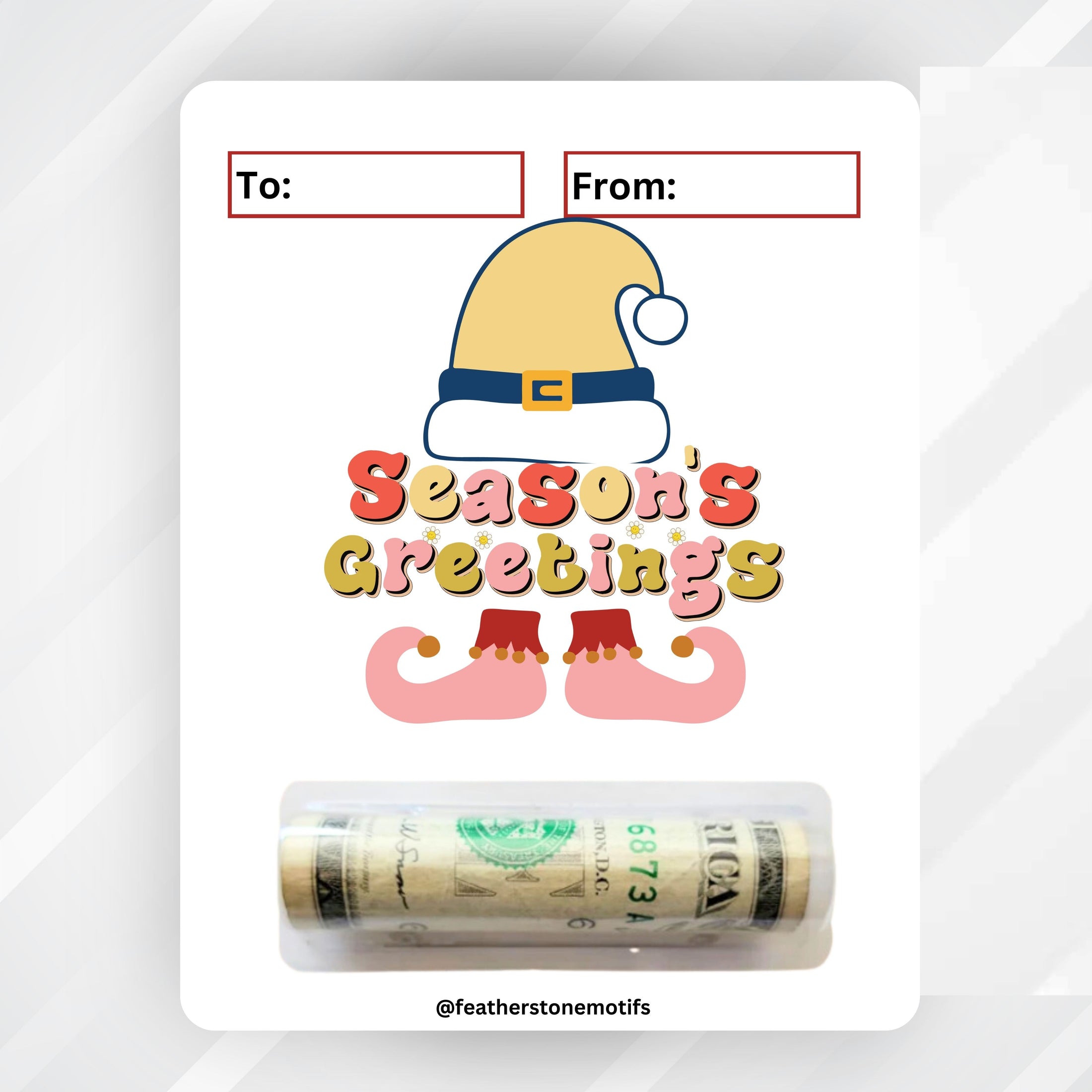 This image shows the money tube attached to the Elf Greetings money card.