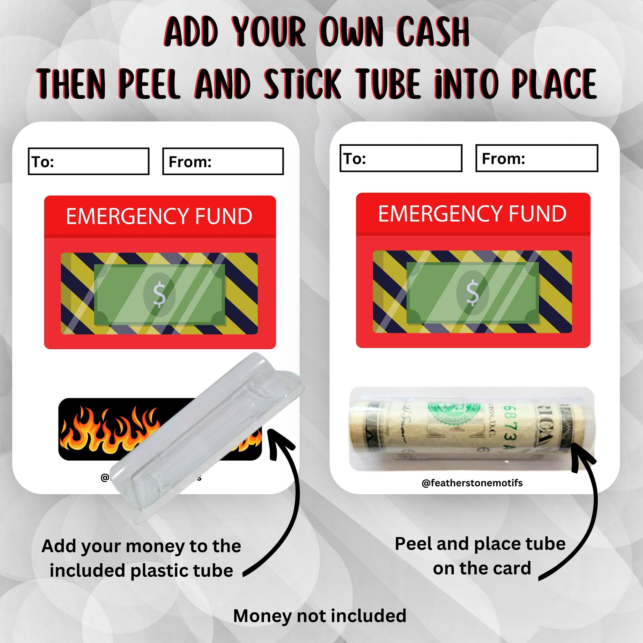 This image shows how to attach the money tube  to the Emergency Funds  money card.