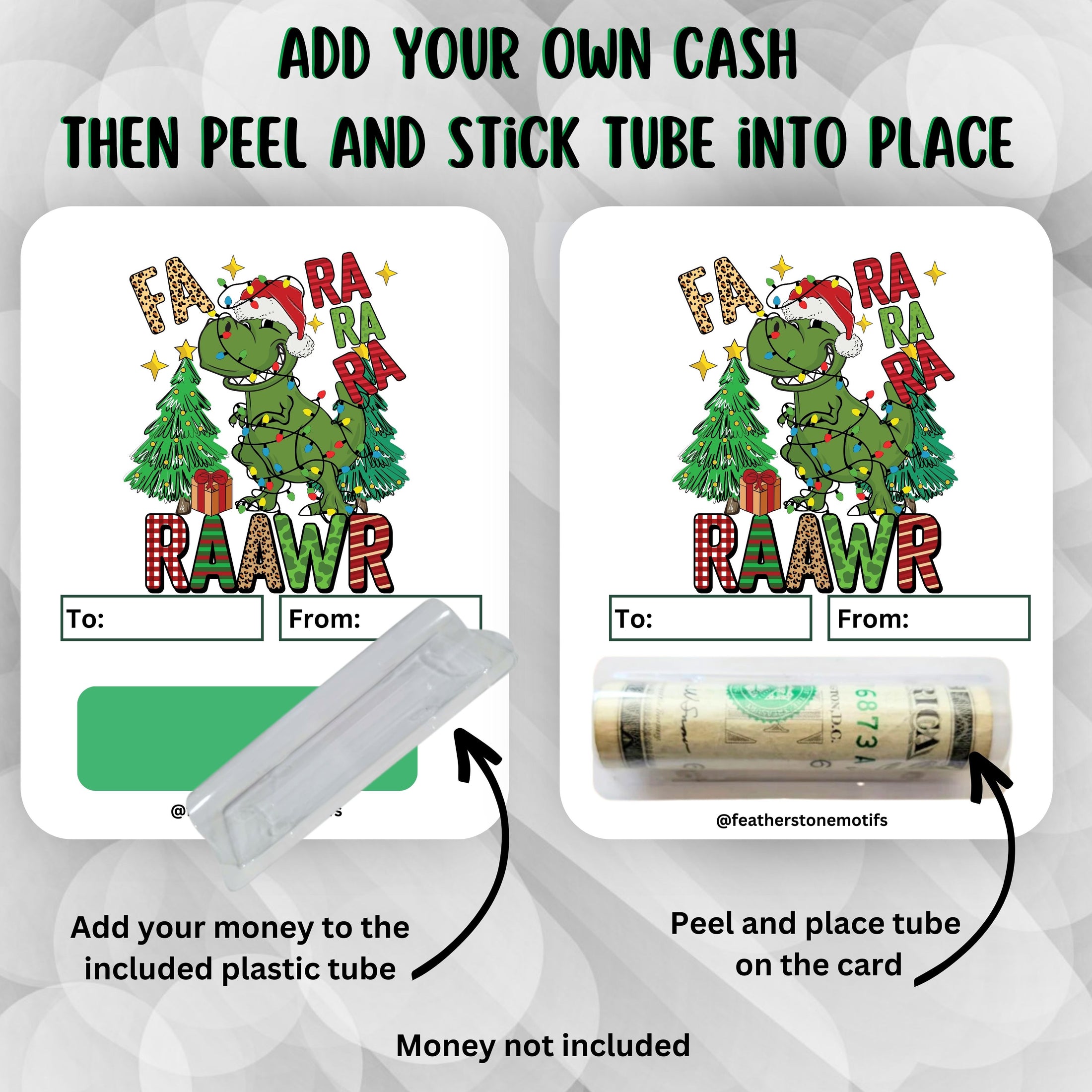 This image shows how to attach the money tube to the Fa Ra Raawr Money Card.