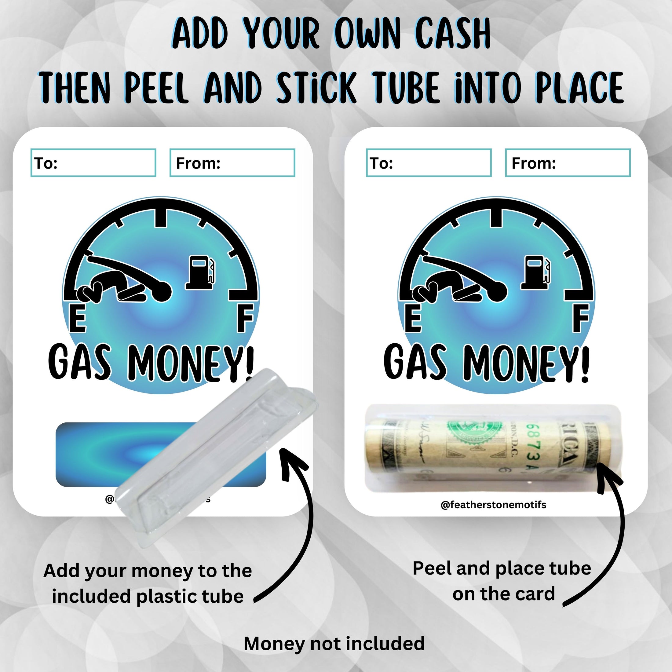 This image shows how to attach the money tube to the Gas Money 1 Money Card.