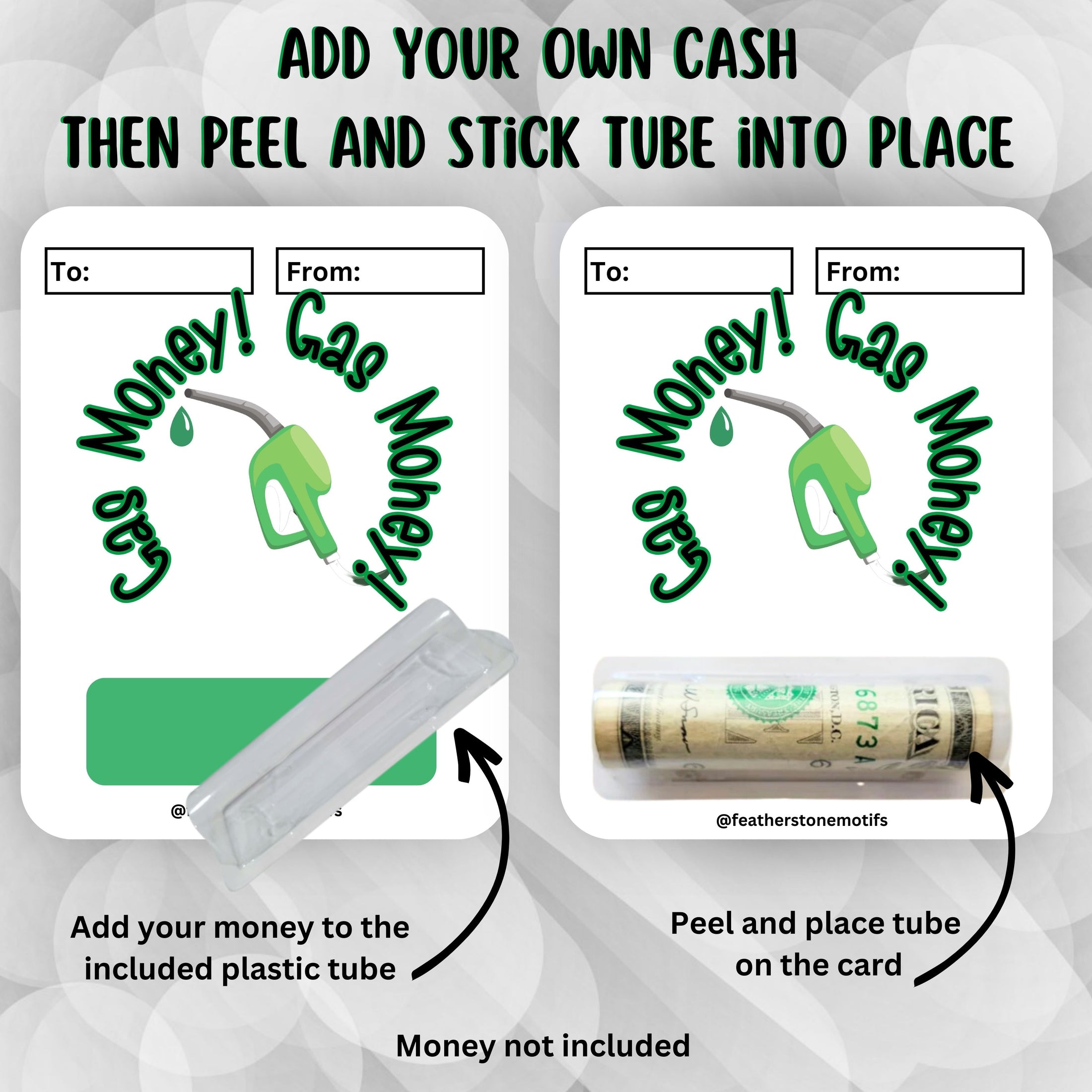 This image shows how to attach the money tube to the Gas Money 2 Money Card.