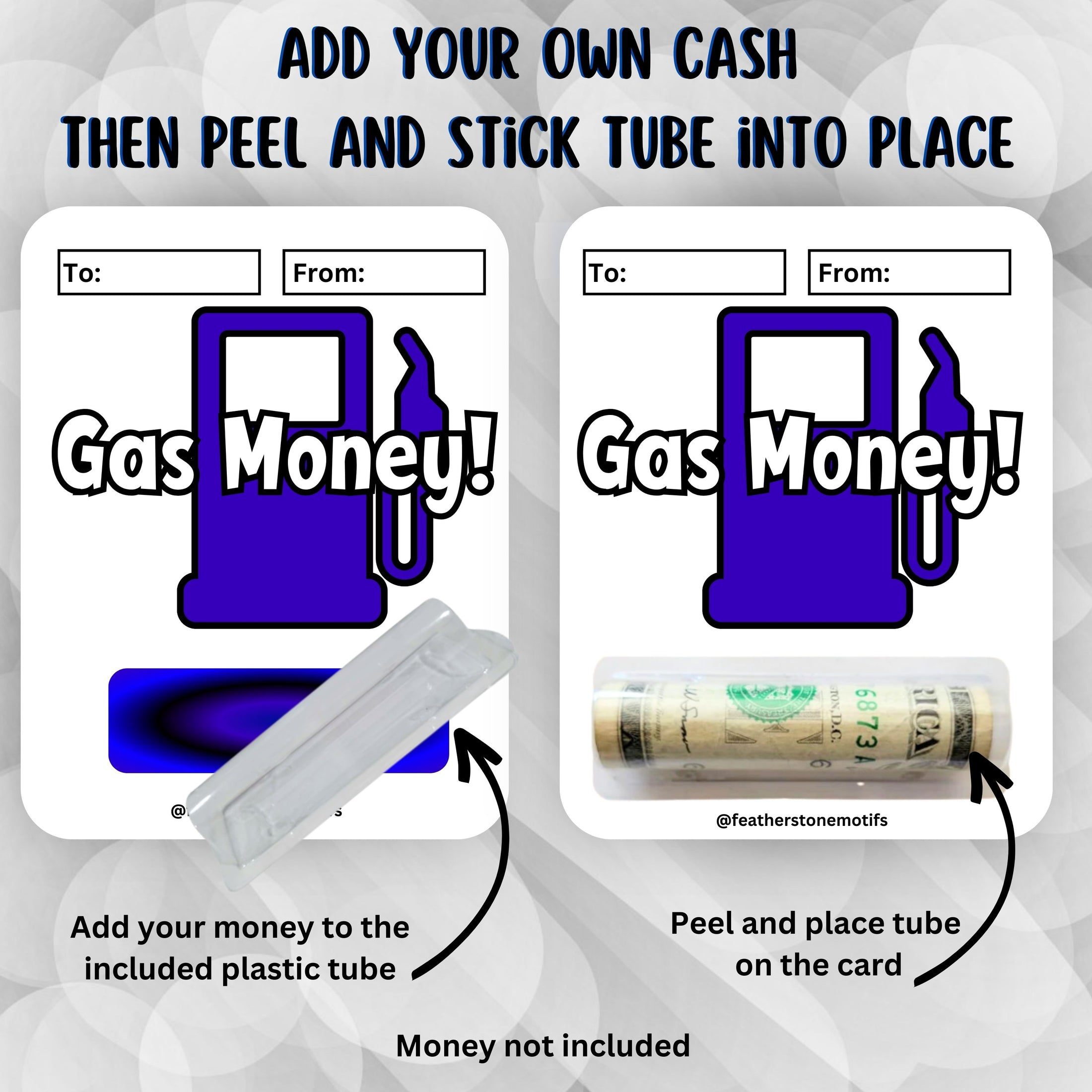 This image shows how to attach the money tube to the Gas Money 3 Money Card.