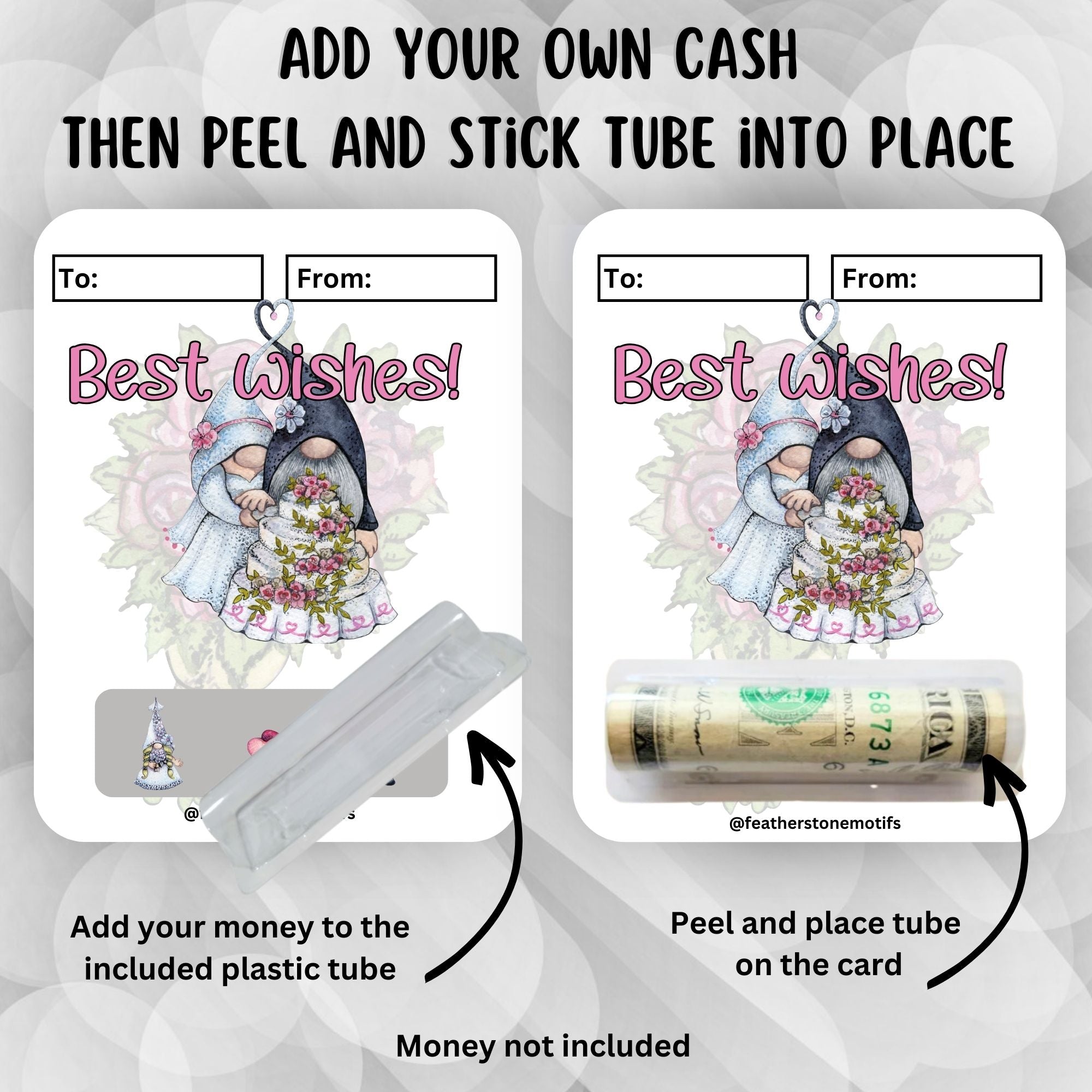 This image shows how to attach the money tube to the Gnome Best Wishes Money Card Kit.