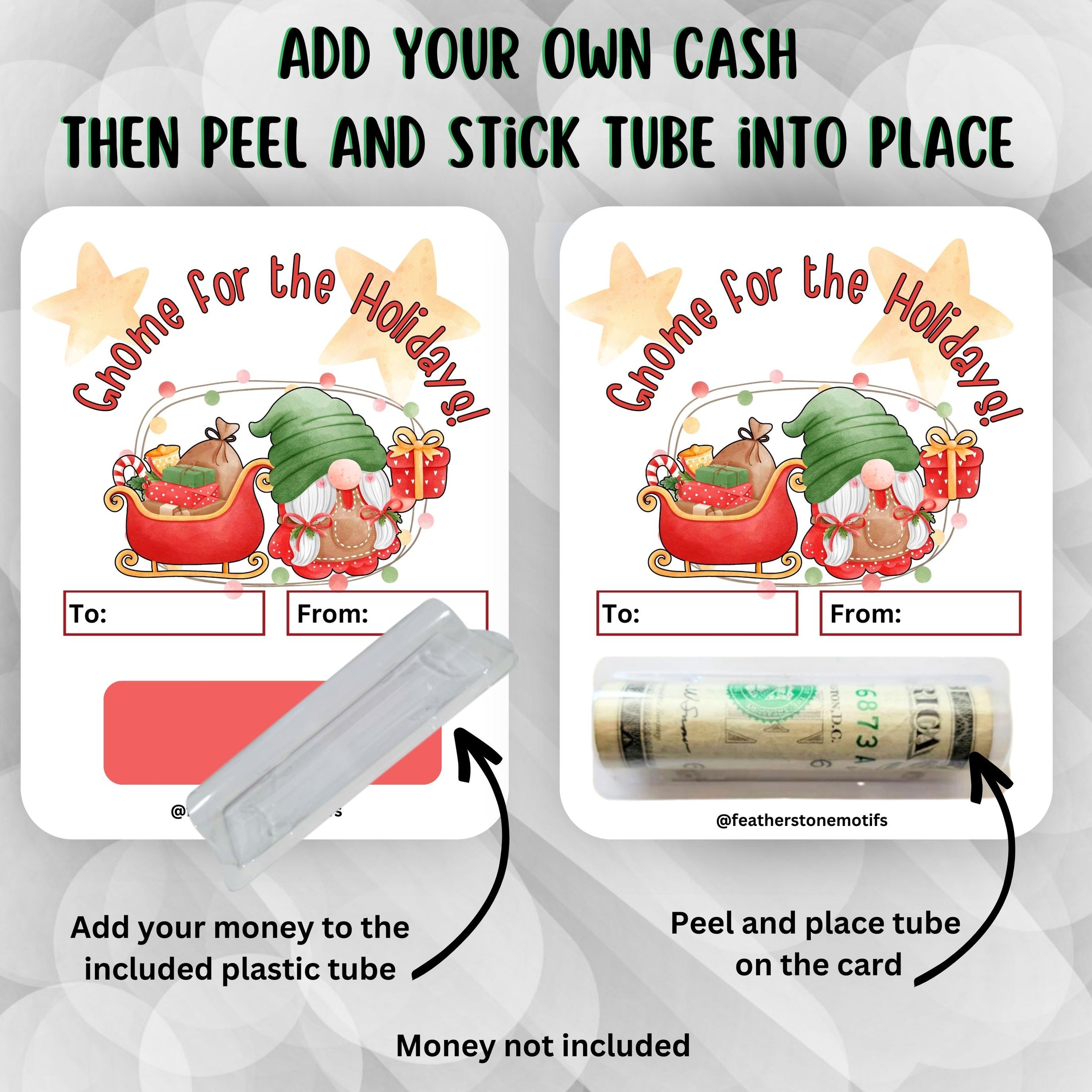 This image shows how to apply the money tube to the money card.