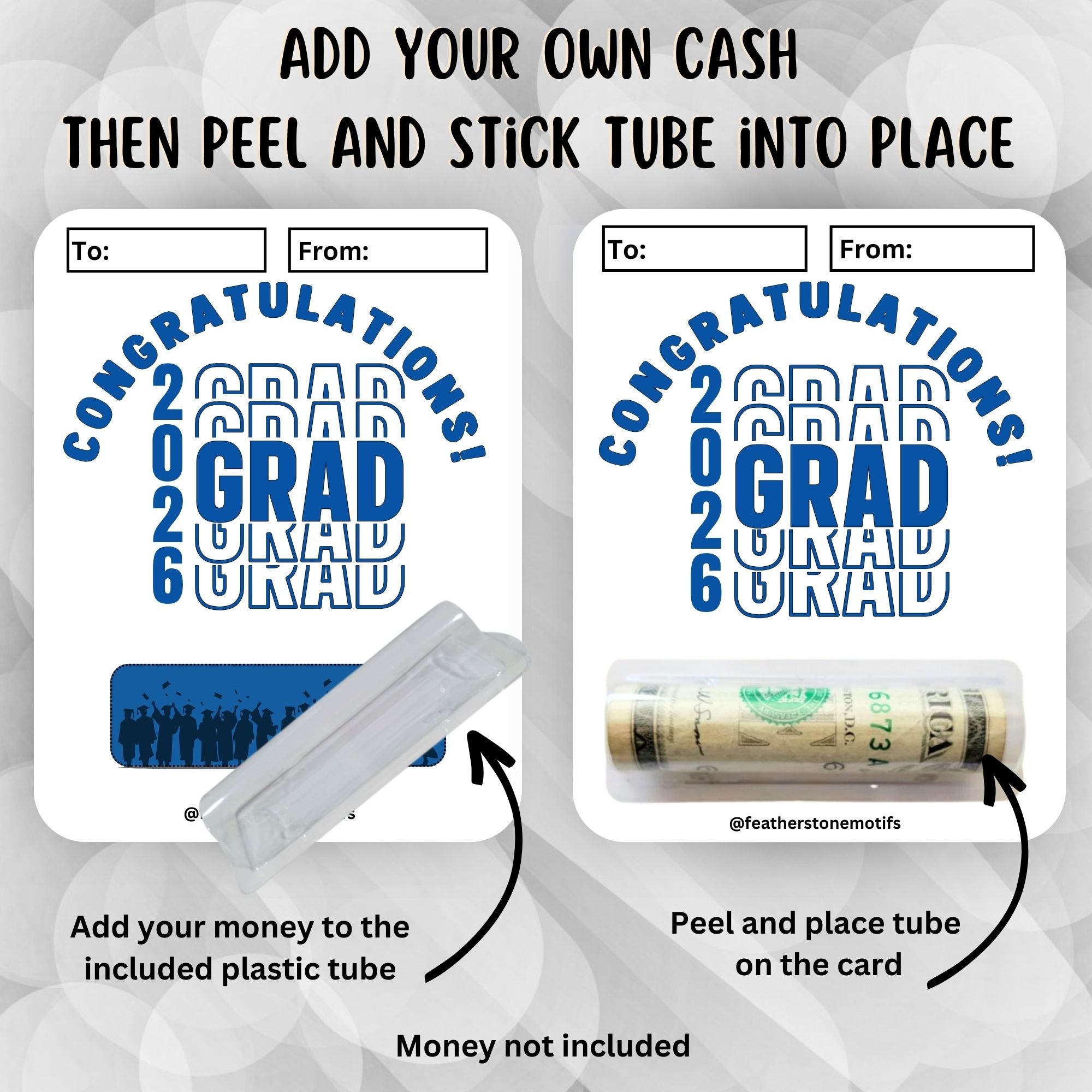 This image shows how to attach the money tube to the 2026 Grad Graduation Money Card Kit.