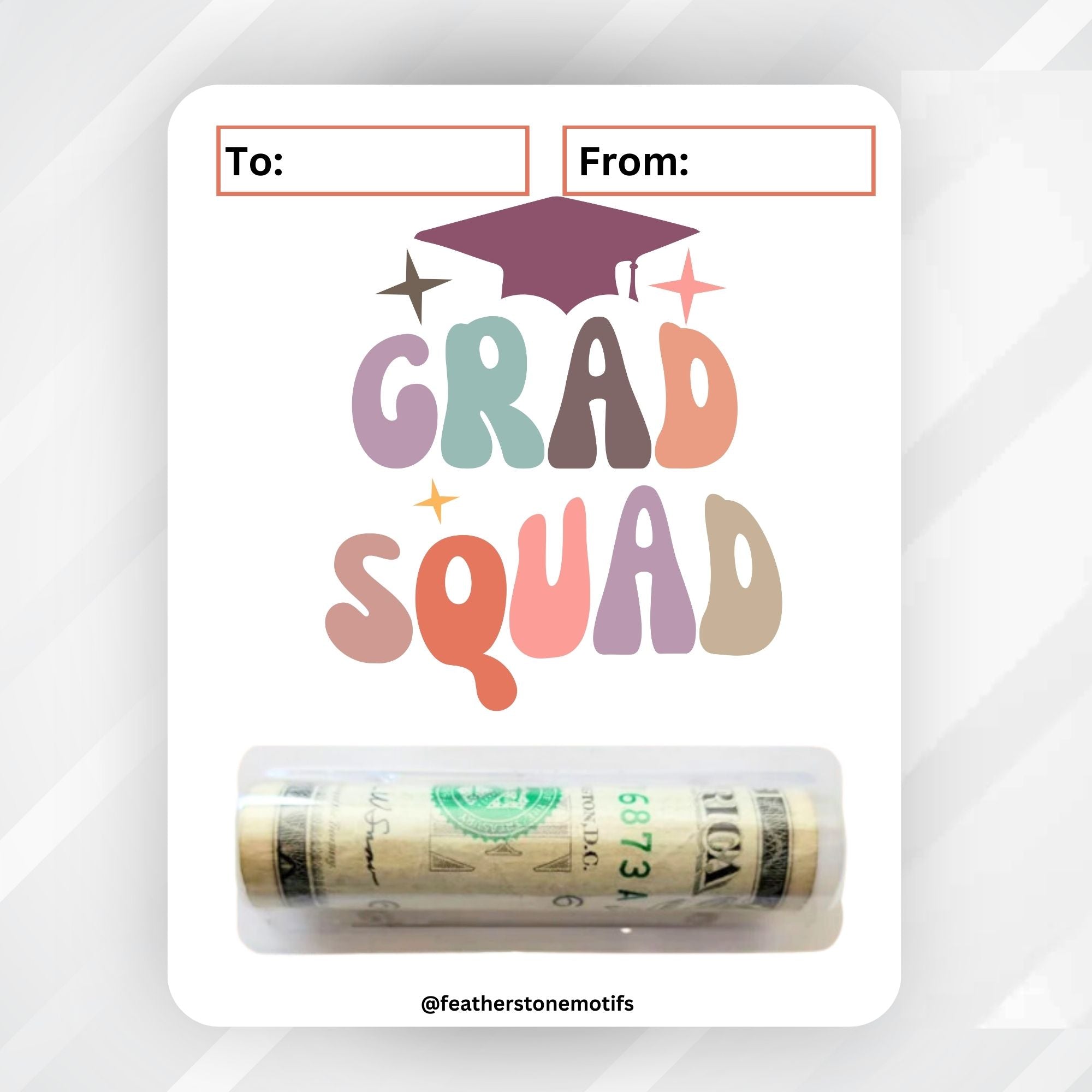 This image shows the money tube attached to the Grad Squad Money Card.