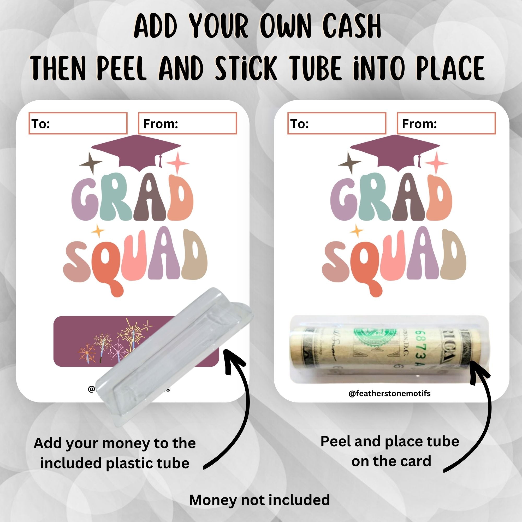 This image shows how to attach the money tube to the Grad Squad Money Card.