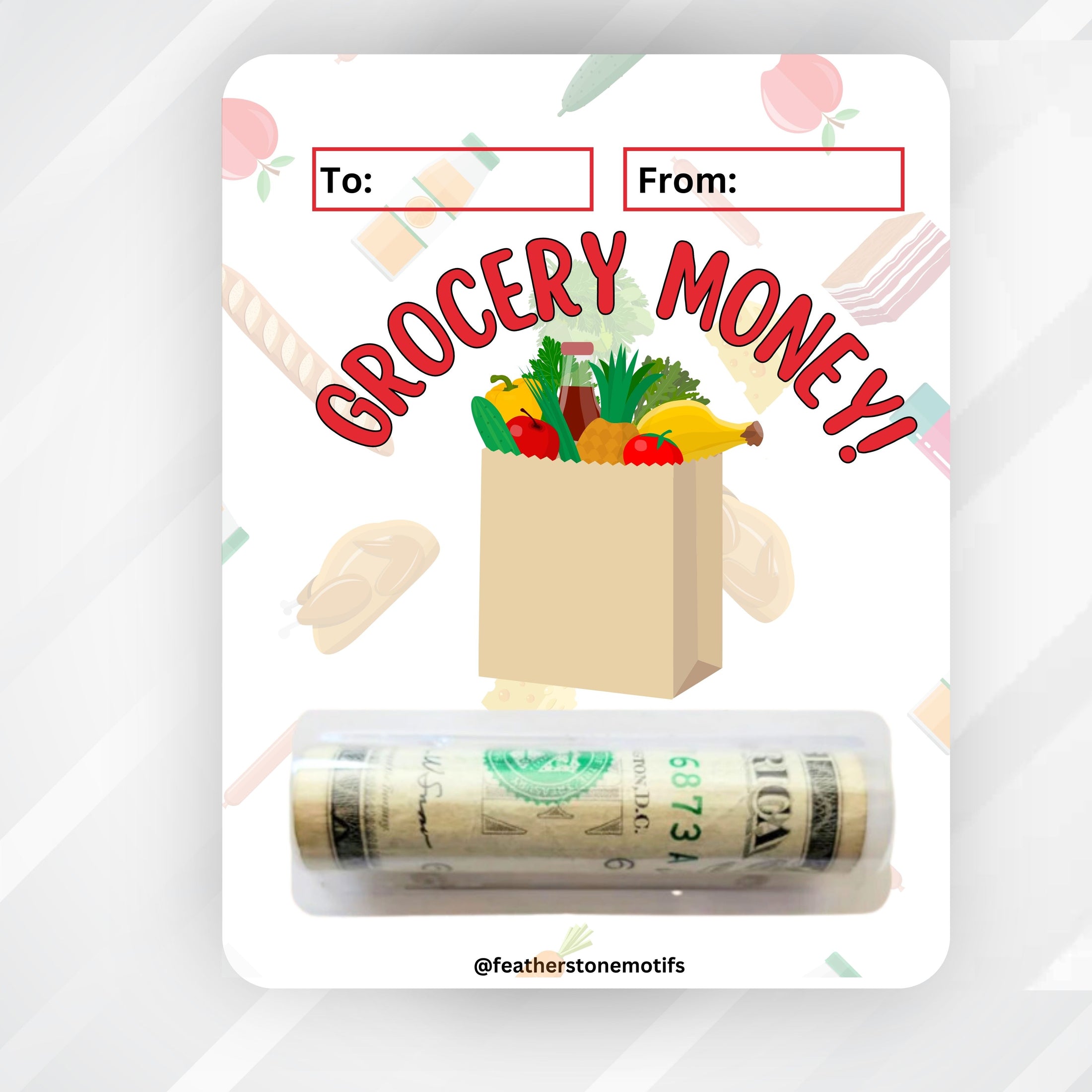 This image shows the money tube attached to the Grocery Money card.
