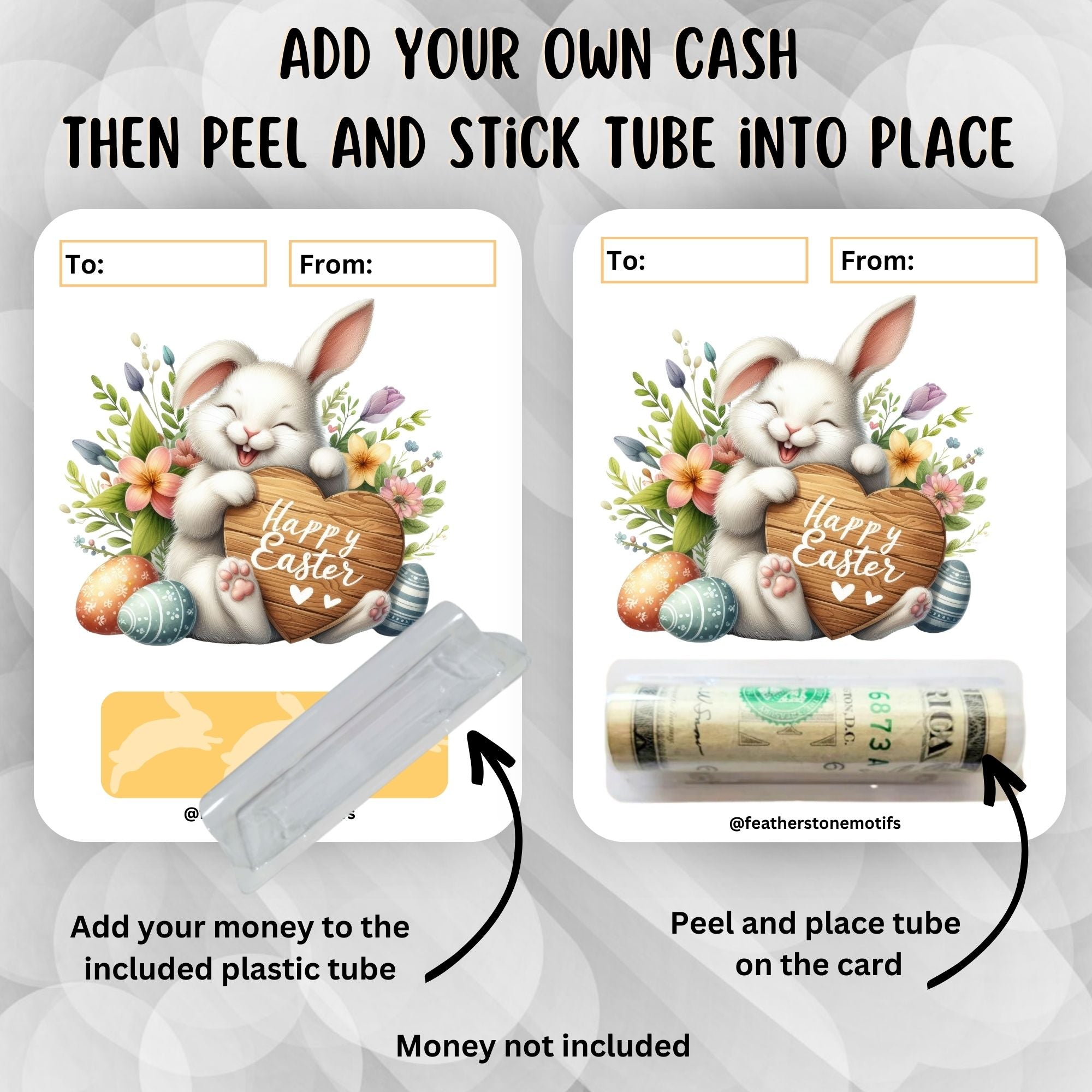 This image shows how to attach the money tube to the Happy Easter 1 Easter Money Card.