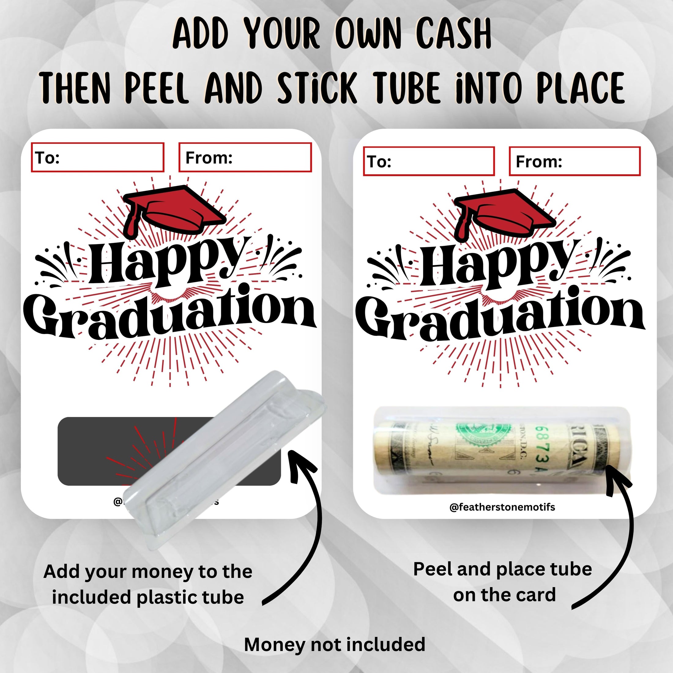 This image shows how to attach the money tube to the Red Happy Graduation Money Card.