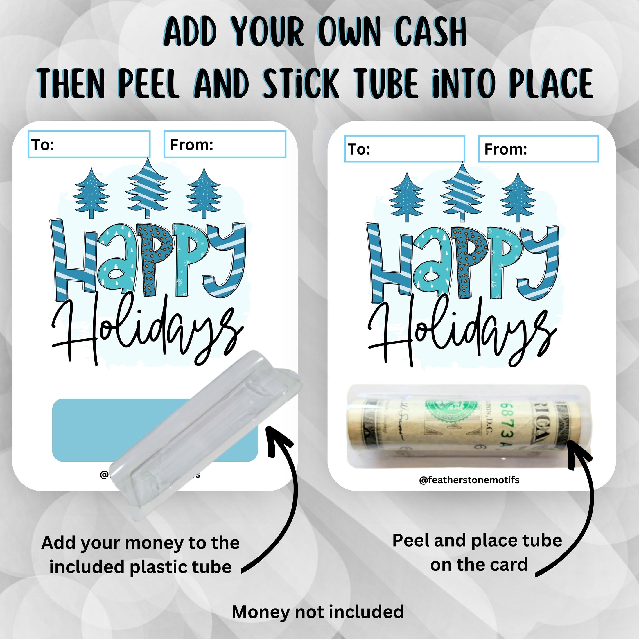 This image shows how to attach the money tube to the Happy Holidays Money Card.