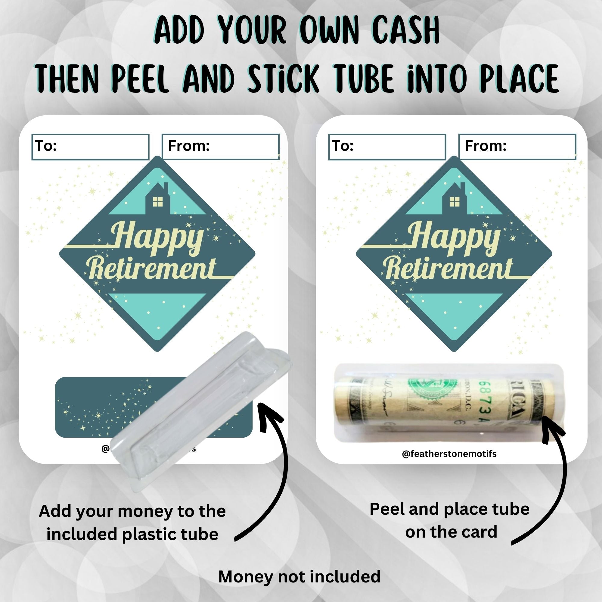 This image shows how to attach the money tube to the Happy Retirement 1 Retirement Money Card Kit.