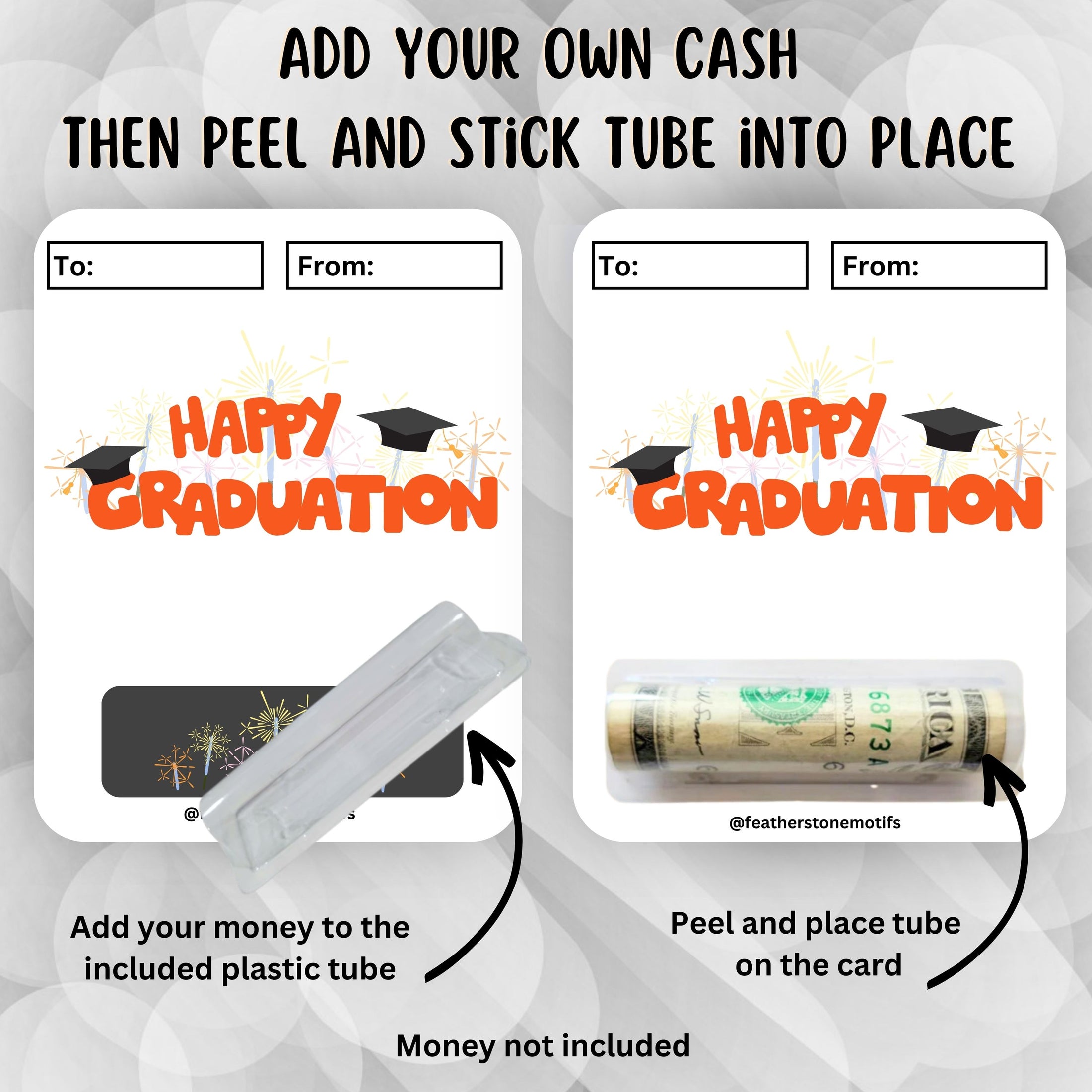 This image shows how to attach the money tube to the Orange Happy Graduation Money Card.