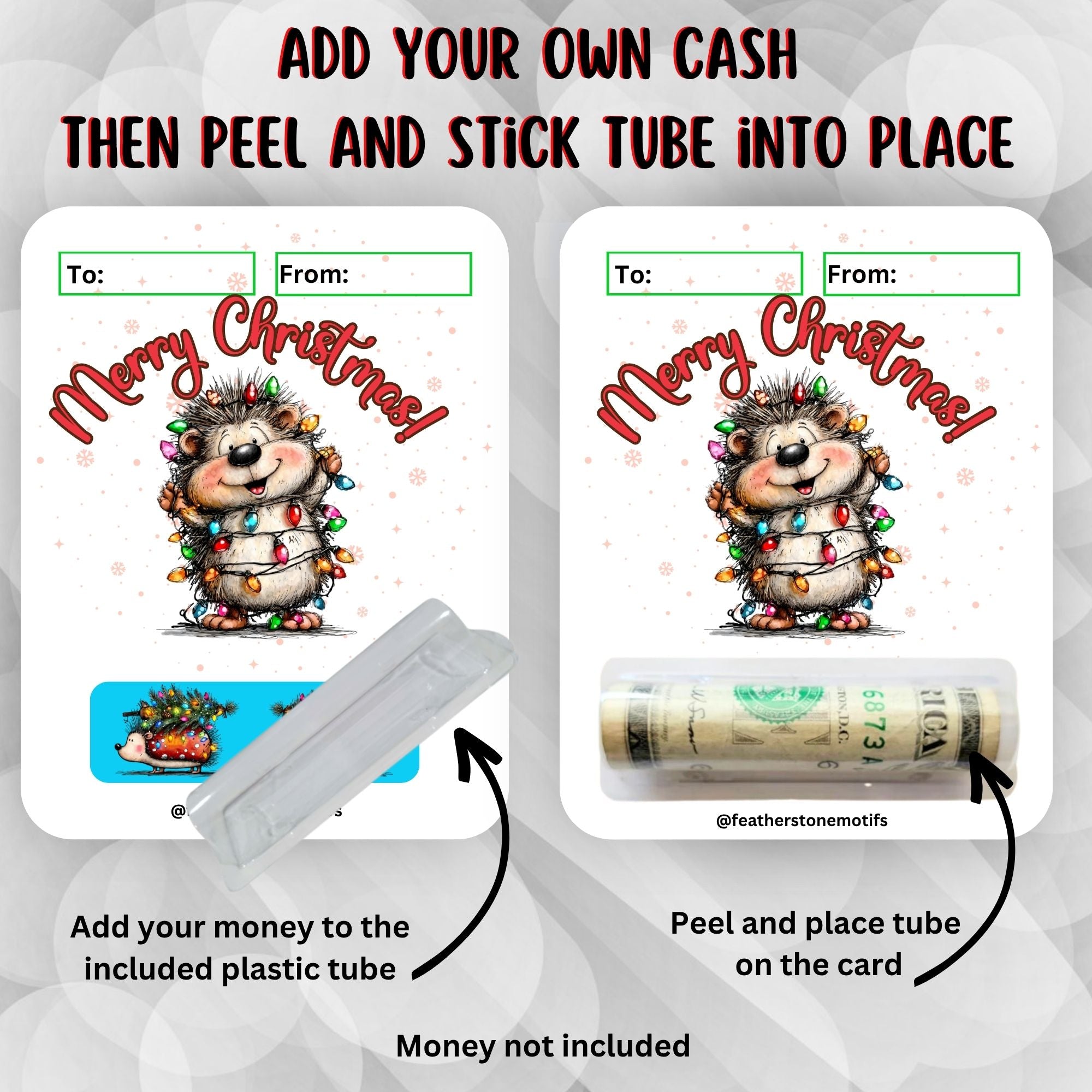 This image shows how to attach the money tube to the Hedgehog Christmas Money Card.