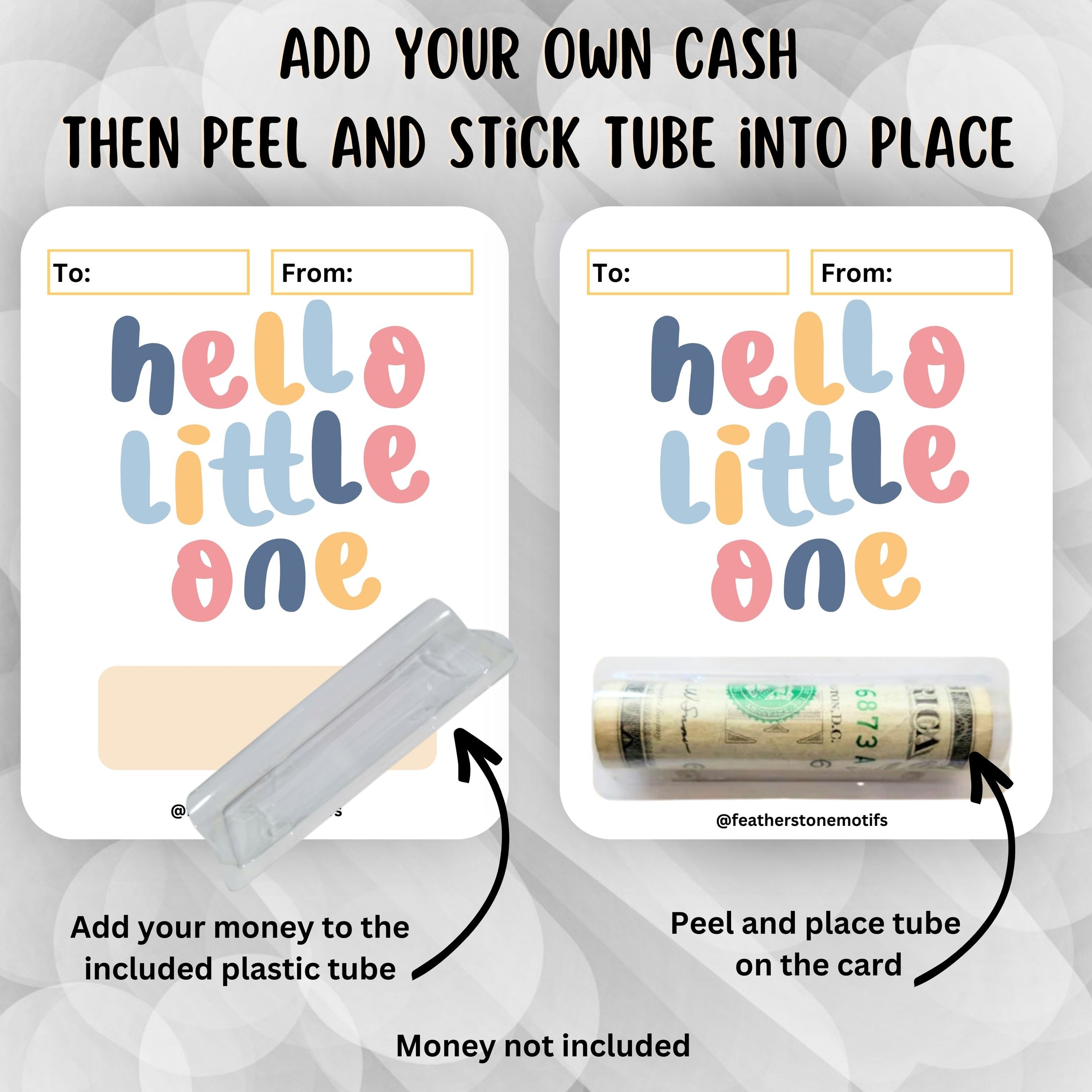 This image show how to attach the money tube to the Hello Little One Money Card.