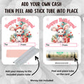 Load image into Gallery viewer, This image shows how to attach the money tube to the Holiday Bunny money card.
