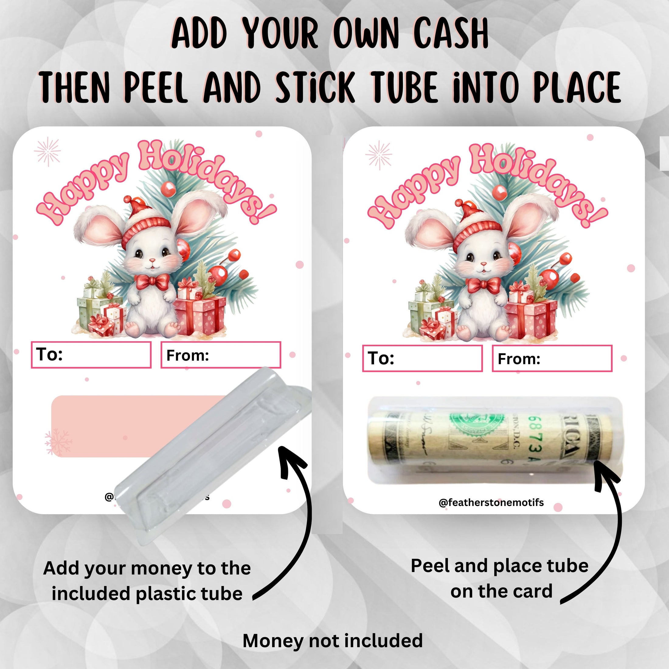 This image shows how to attach the money tube to the Holiday Bunny money card.