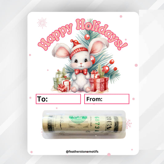 This image shows the money tube attached to the Holiday Bunny money card.