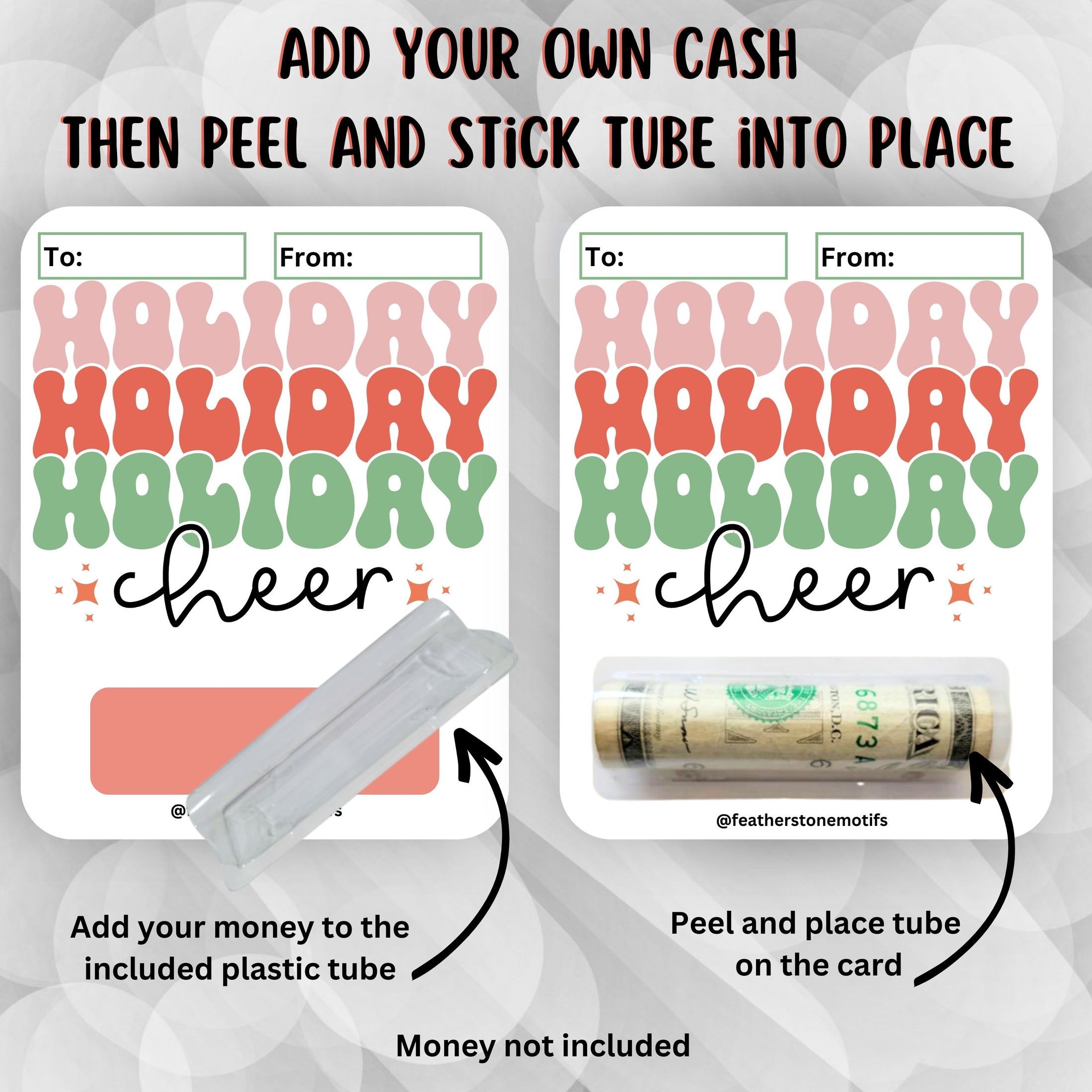 This image show how to attach the money tube to the Holiday Cheer money card.