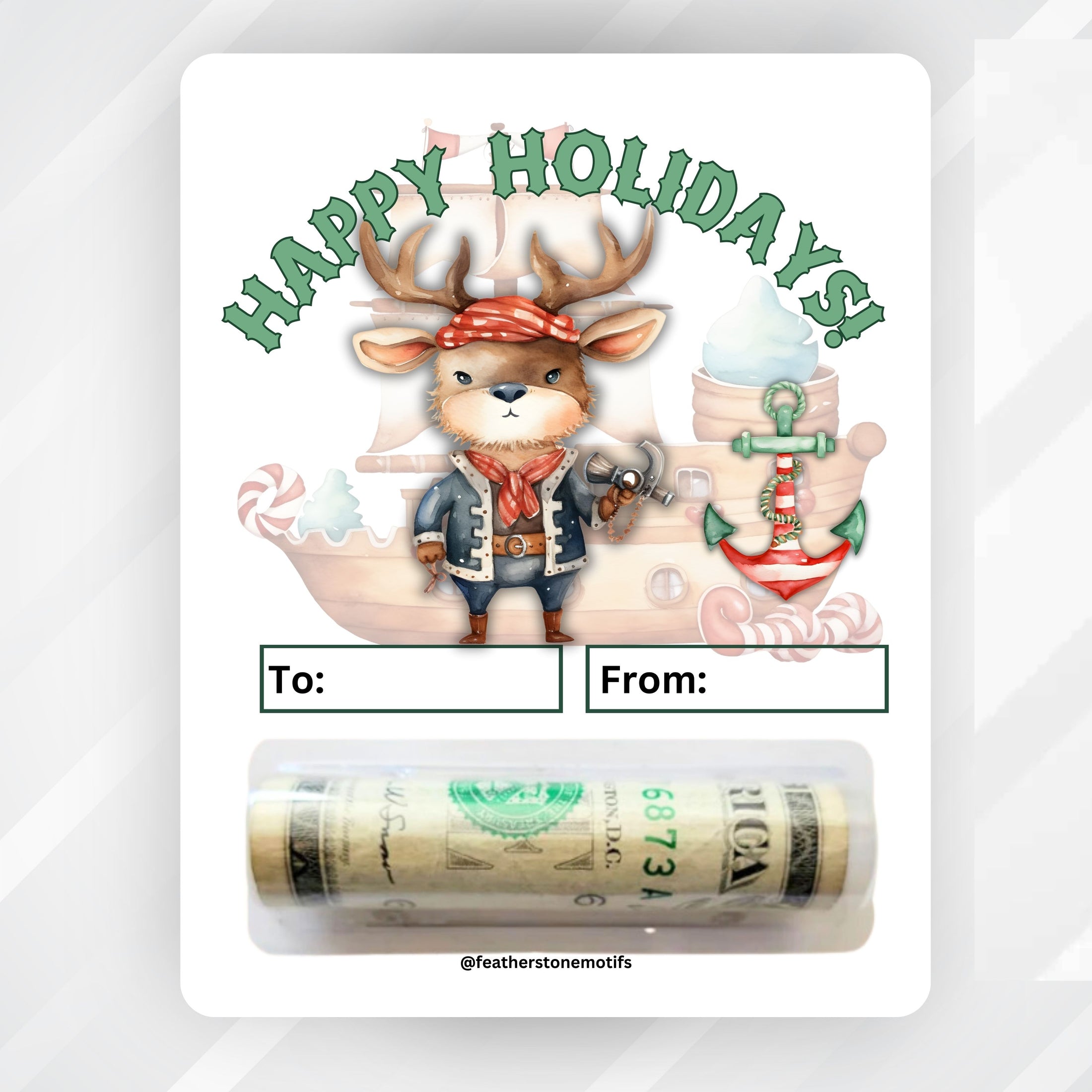 This image shows the Holiday Pirate money card with money tube attached.