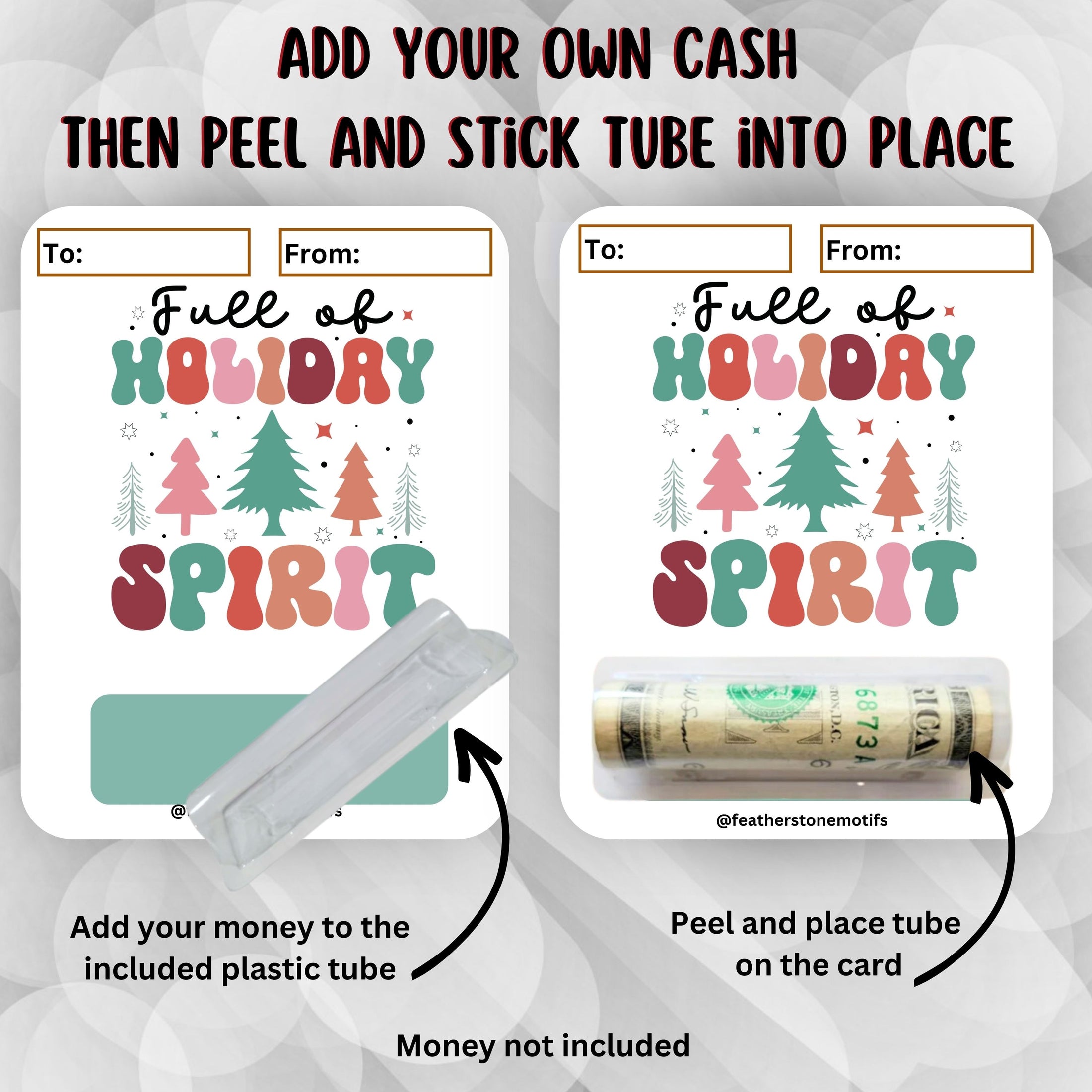 This image shows how to attach the money tube to the Holiday Spirit money card.