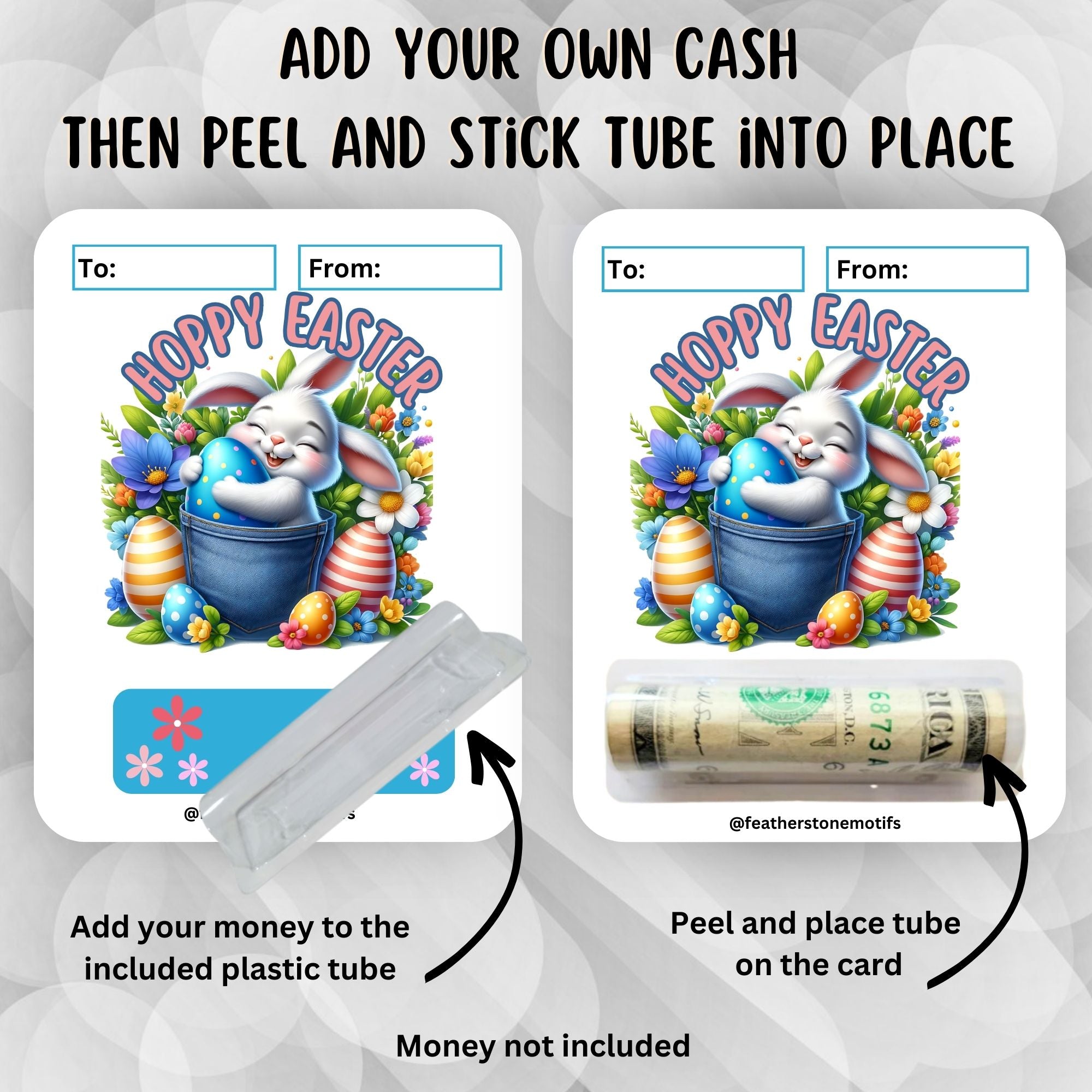 This image shows how to attach the money tube to the Hoppy Easter 1 Easter Money Card.