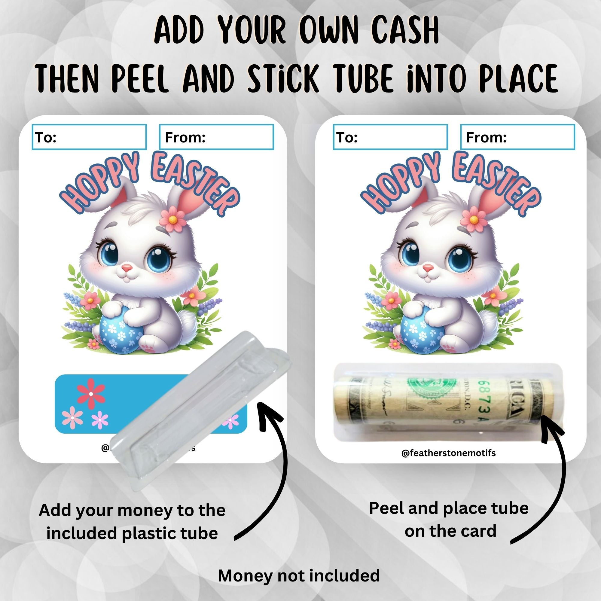 This image shows how to attach the money tube to the Hoppy Easter 2 Easter Money Card.