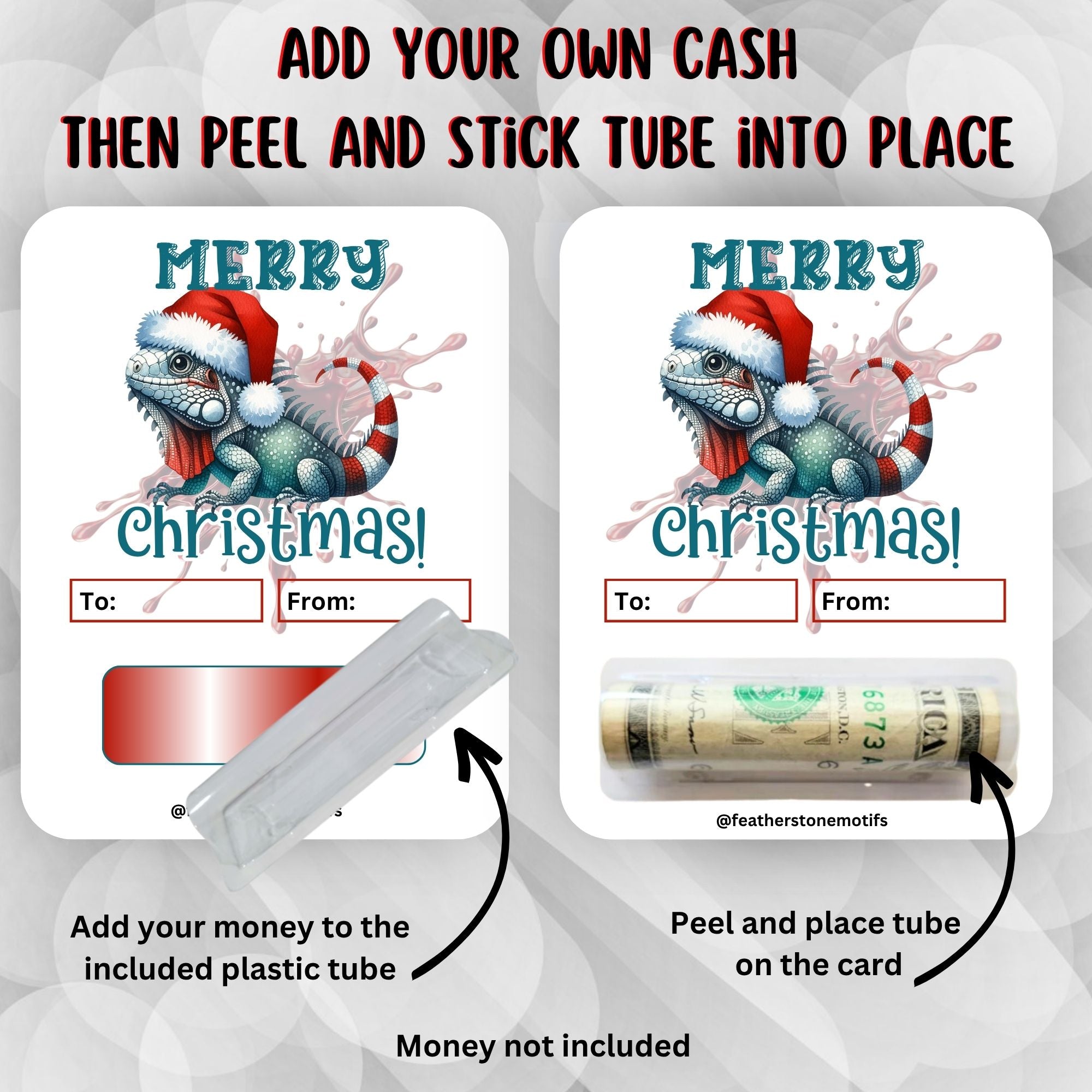 This image shows how to attach the money tube to the Iguana Money Card.