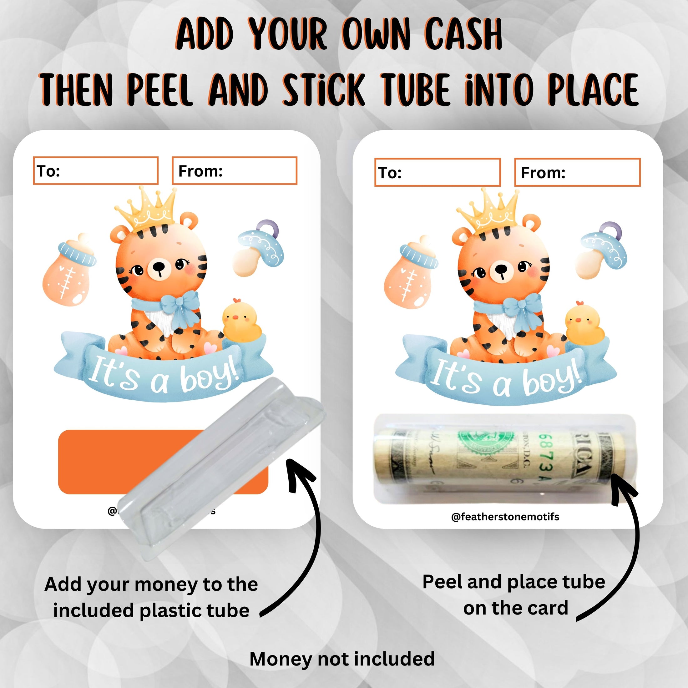 This image shows how to attach the money tube to the It's a boy Money Card.