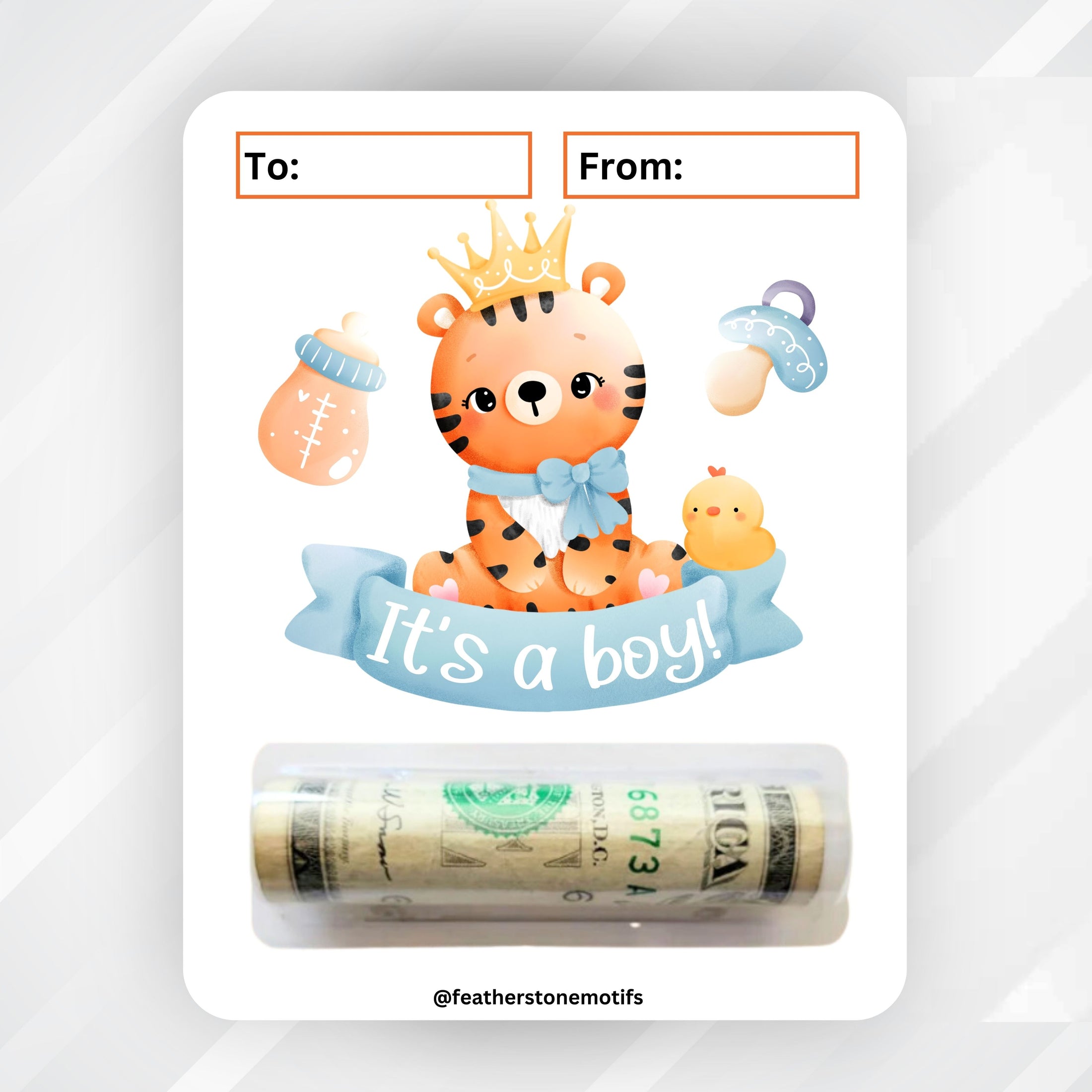 This image shows the money tube attached to the It's a boy Money Card.