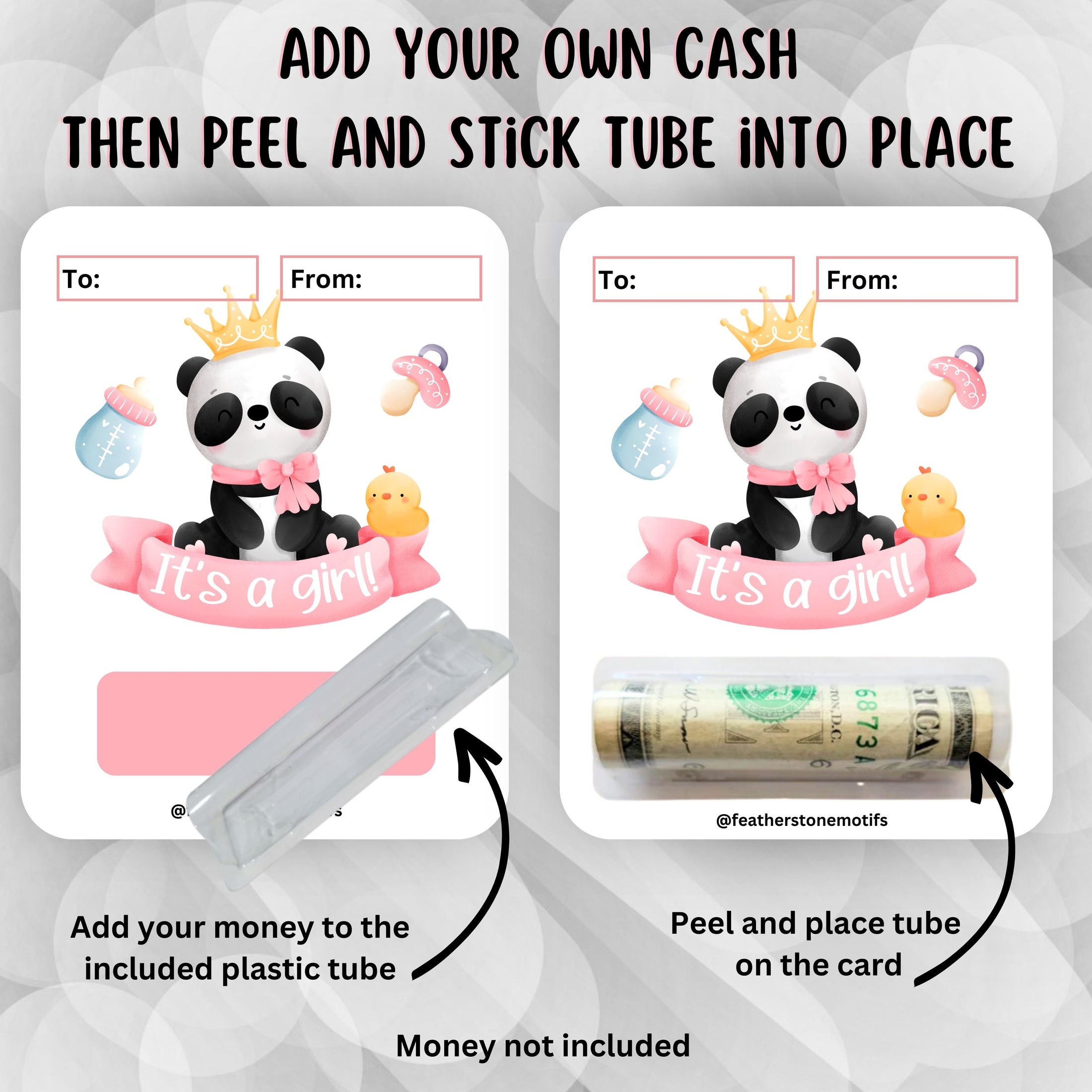 This image shows how to attach the money tube to the It's a Girl Money Card.