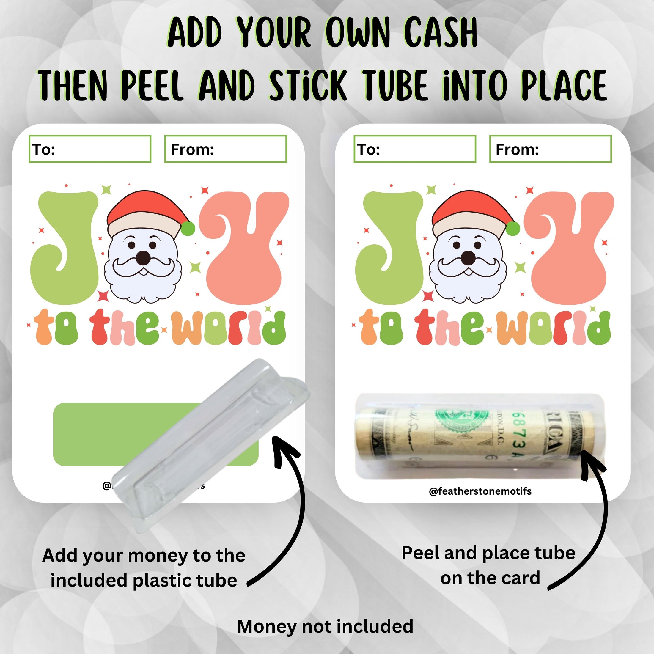 This image shows how to attach the money tube to the Joy to the World money card.