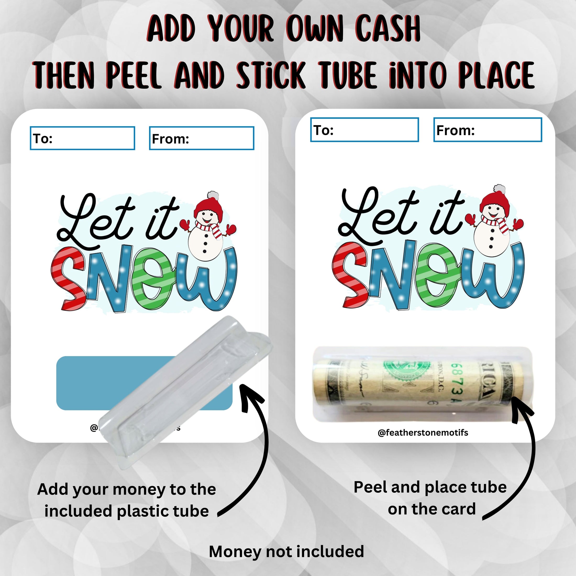 This image shows how to attach the money tube to the Let it Snow Money Card.