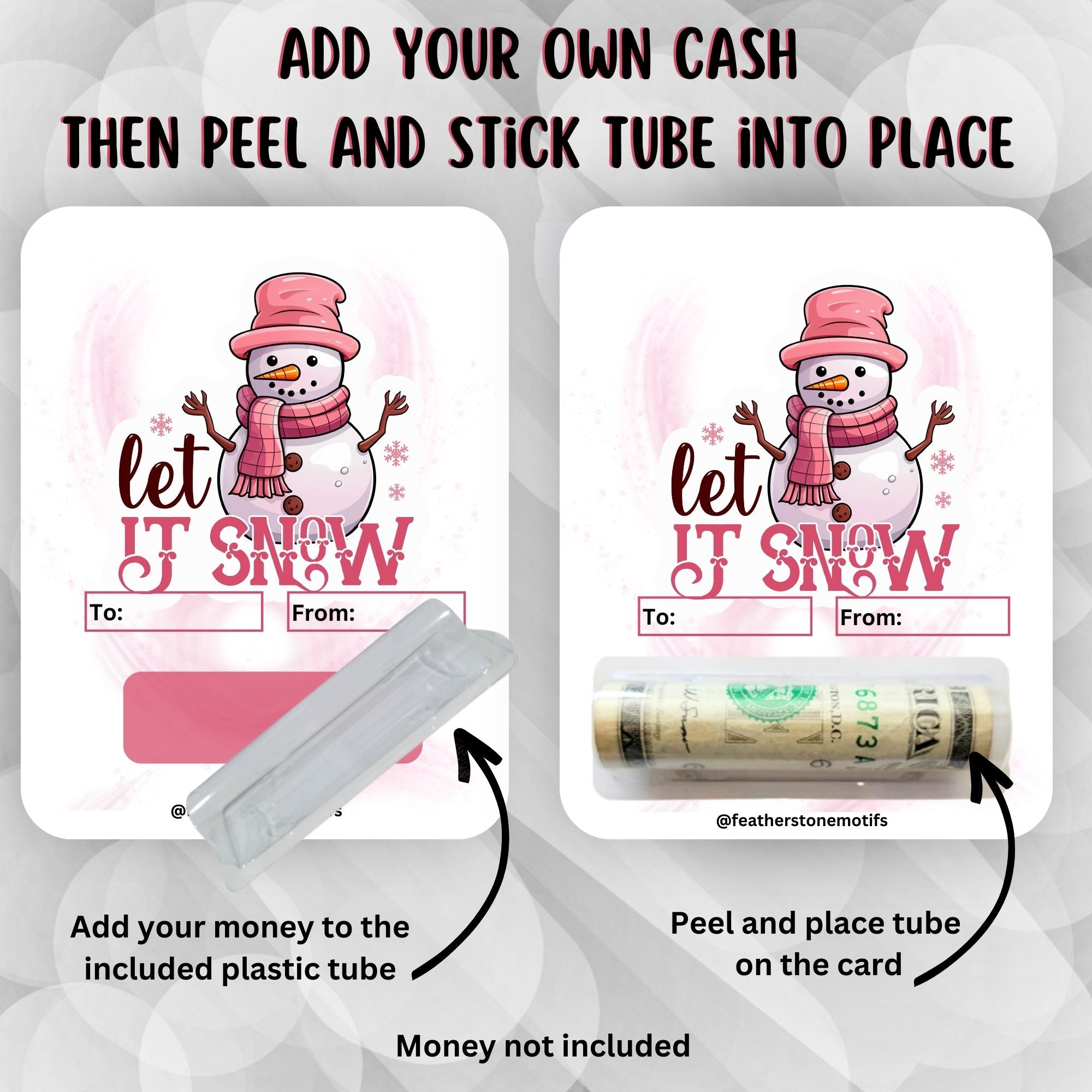 This image shows how to attach the money tube to the Let it Snow Money Card.