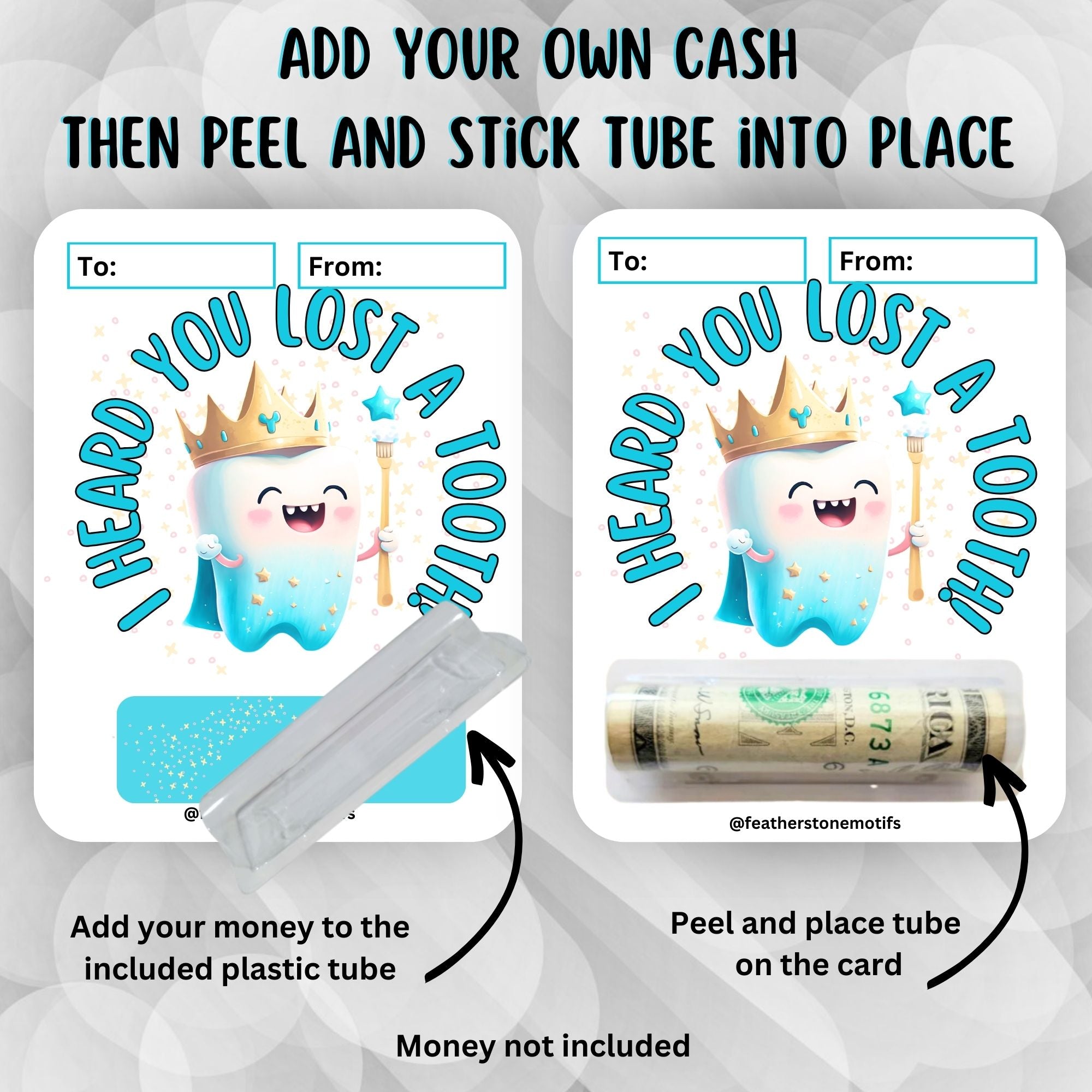 This image shows how to attach the money tube to the Lost a Tooth Money Card Kit.