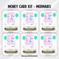 Load image into Gallery viewer, This image shows all six Mermaid Birthday Money Card sets with money tubes attached.
