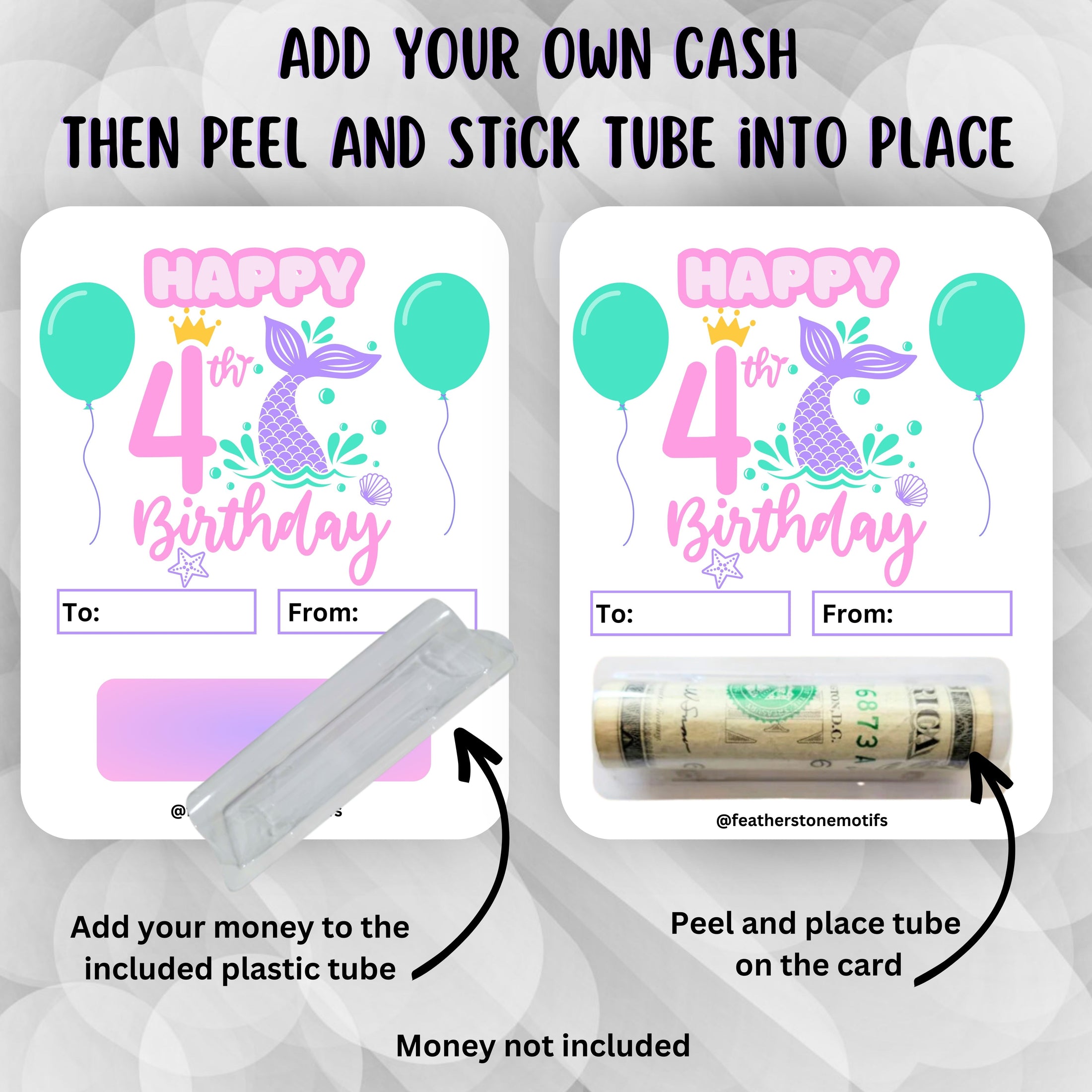 This image shows the money tube attached to the Mermaid Birthday Money Card.