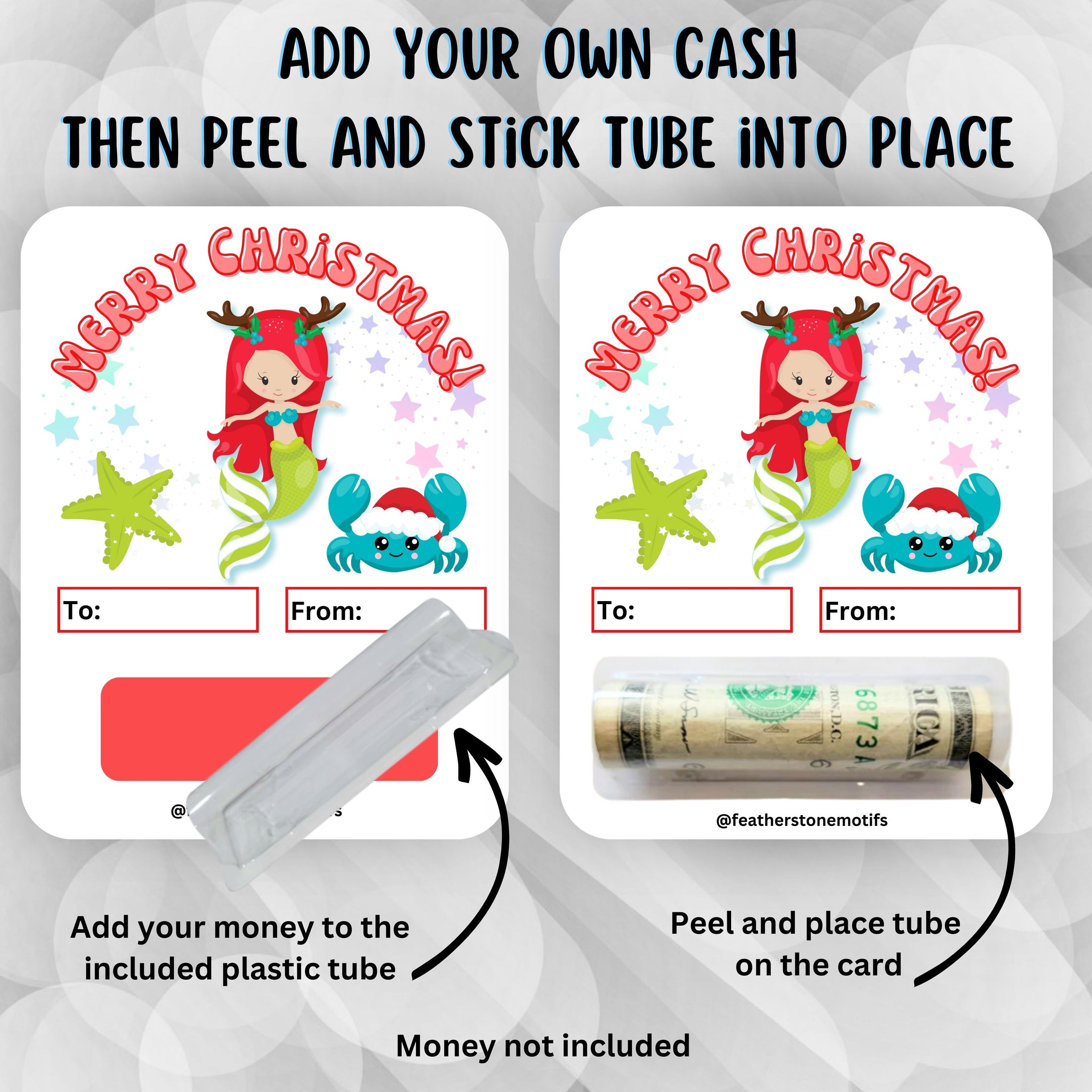 This image shows how to attach the money tube to the Mermaid money card.