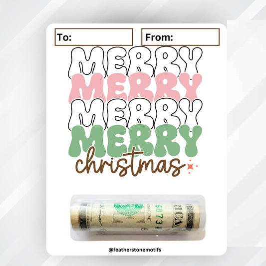 This image shows the money tube attached to the Merry Merry money card.