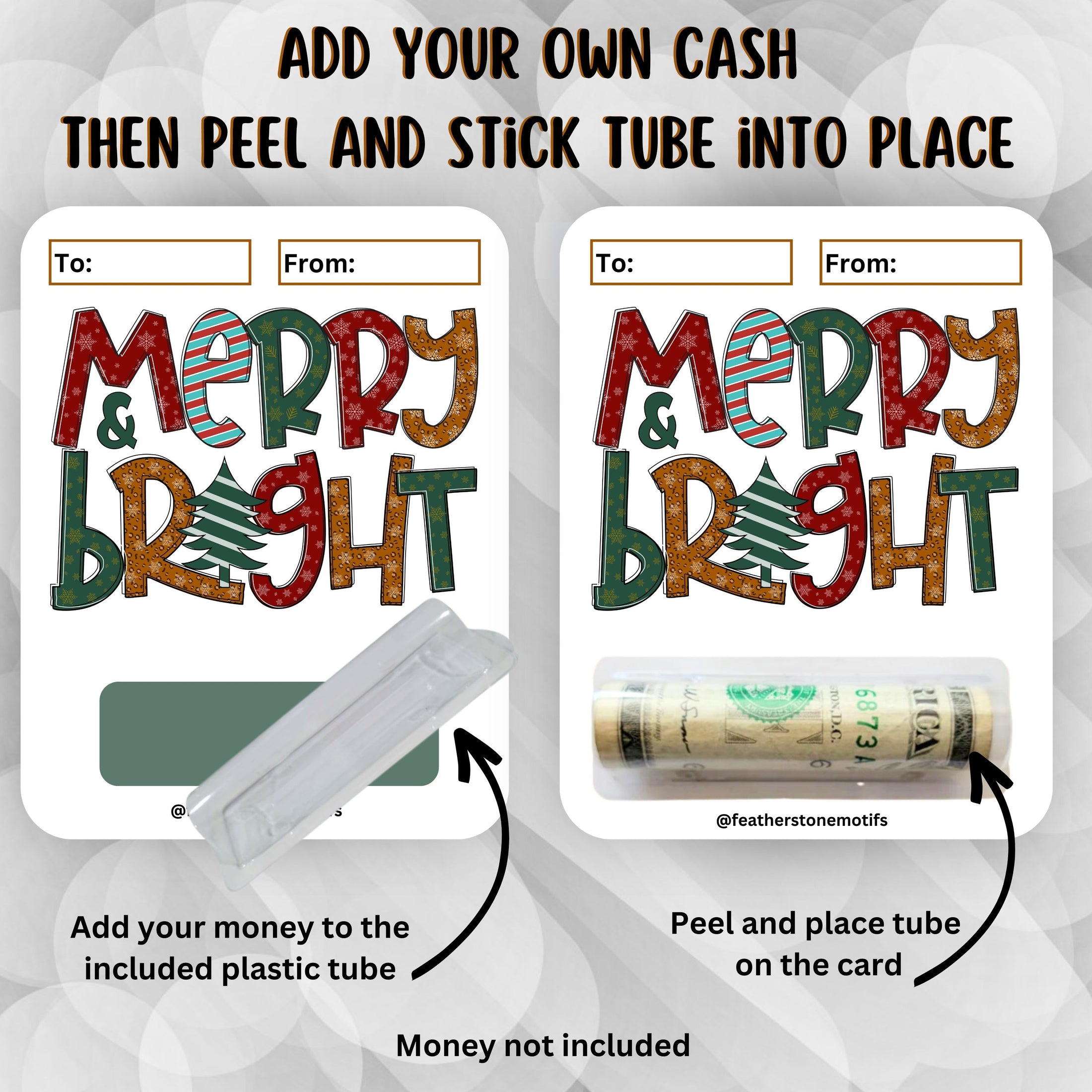 This image shows how to attach the money tube to the Merry & Bright Money Card.