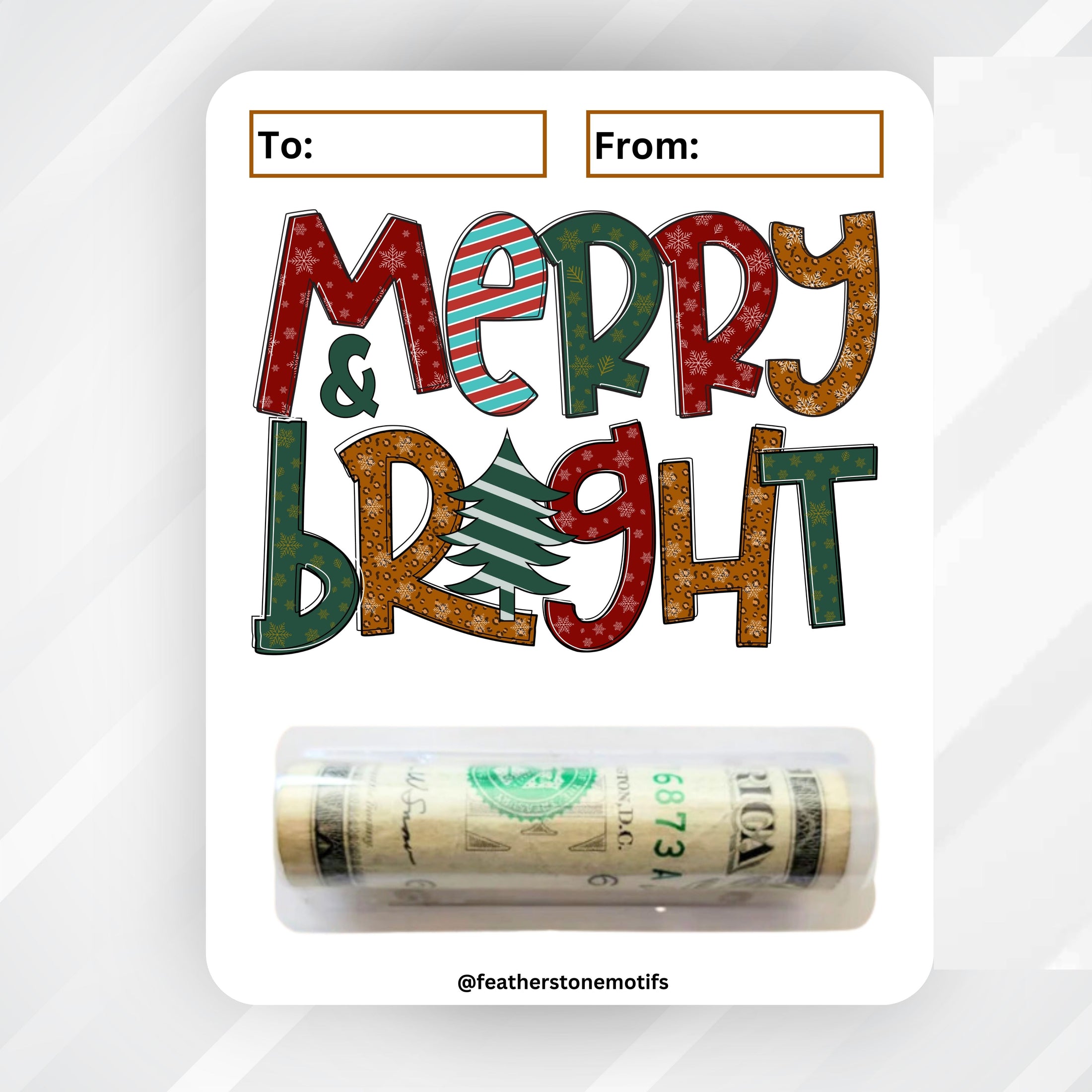 This image shows the money tube attached to the Merry & Bright Money Card.