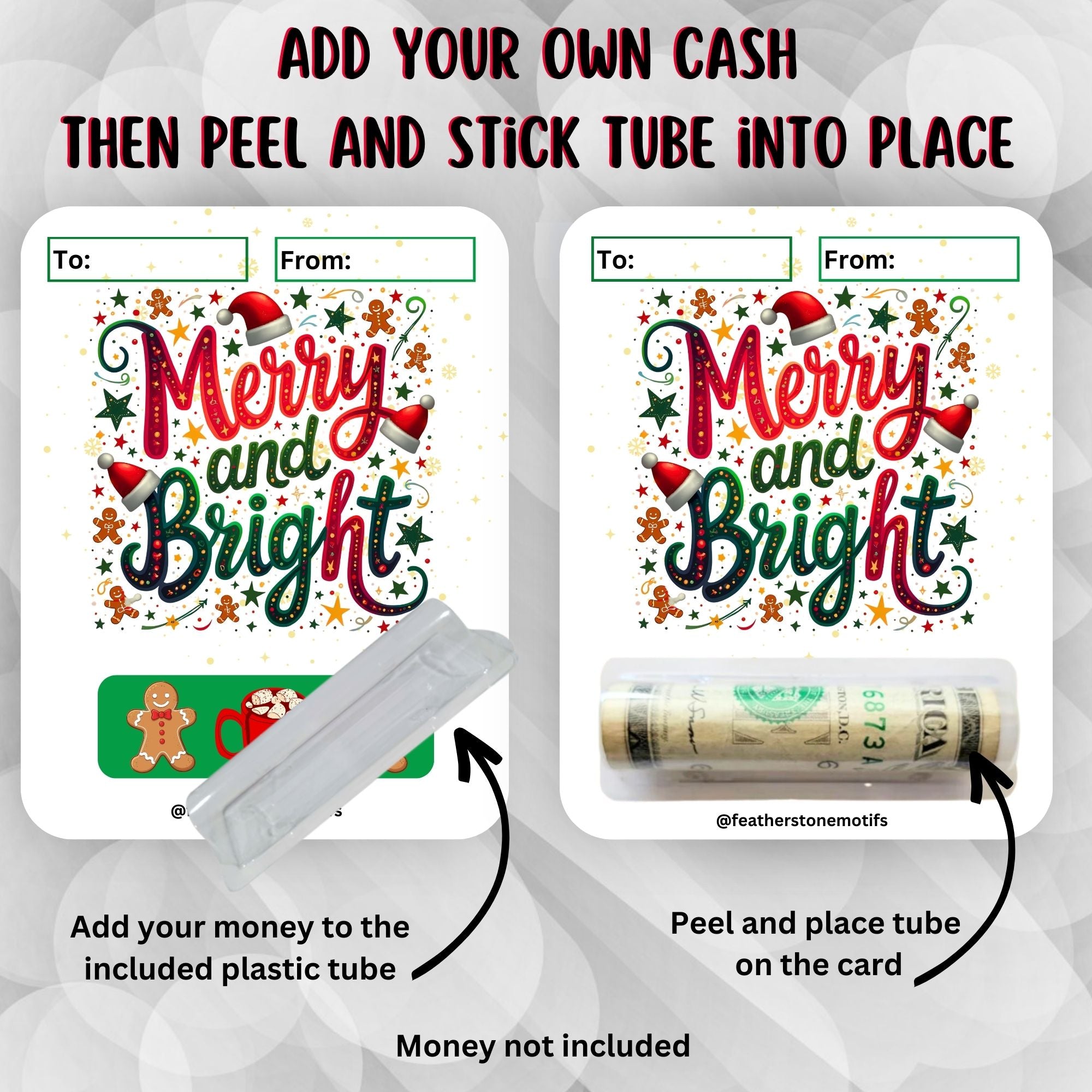 This image shows how to attach the money tube to the Merry and Bright 2 Money Card.