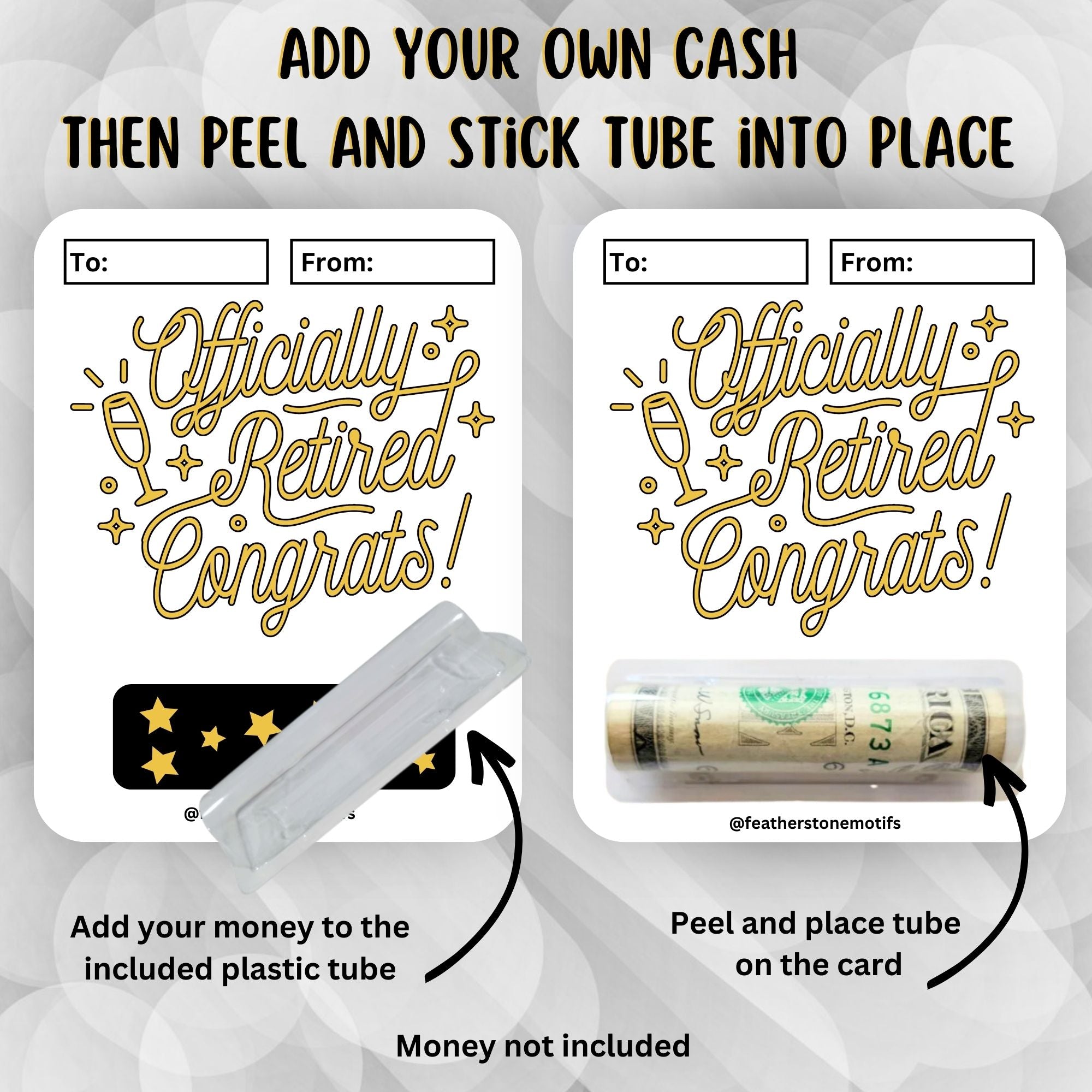 This image shows how to attach the money tube to the Officially Retired 1 Retirement Money Card Kit.