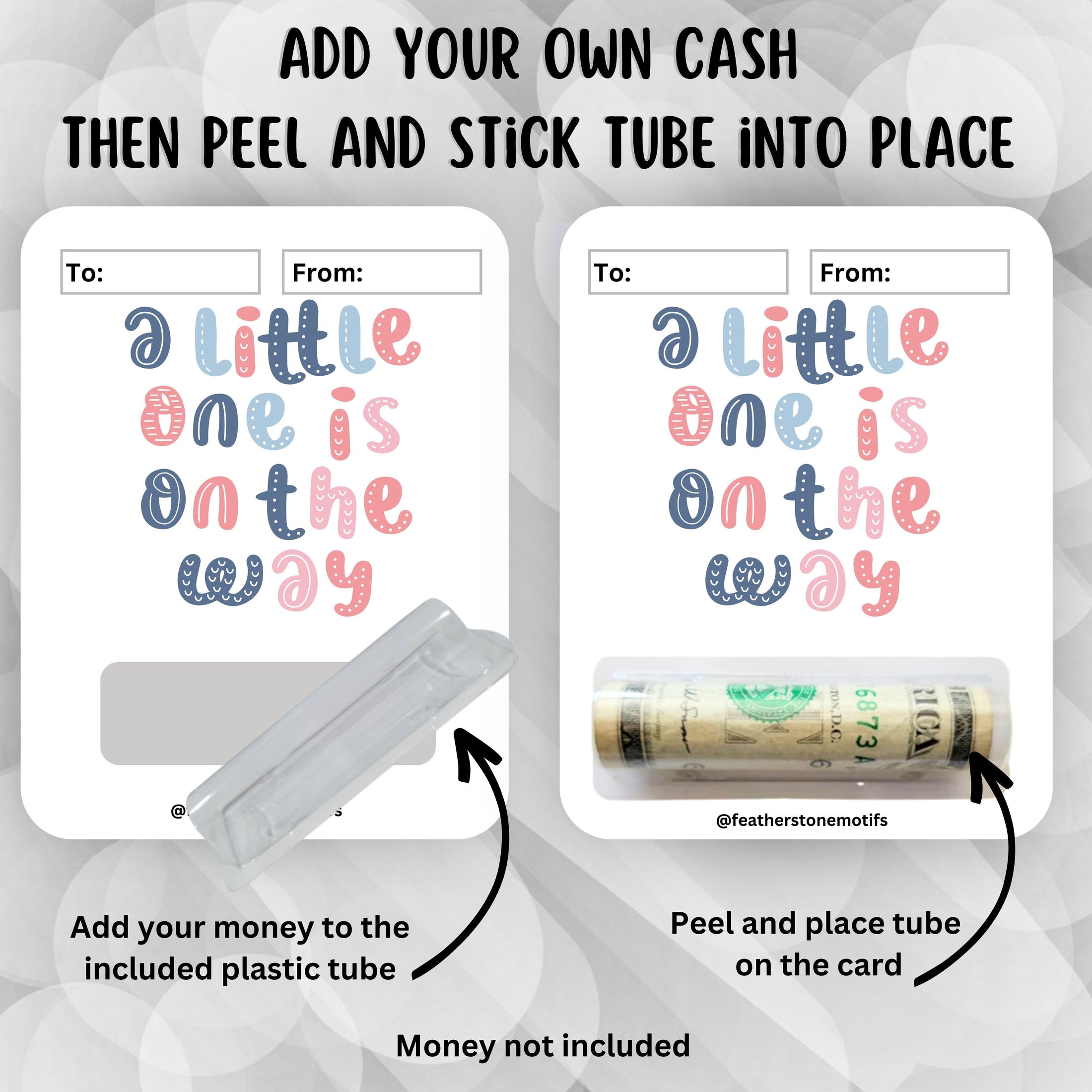 This image shows how to attach the money tube to the Little one on the way Money Card.