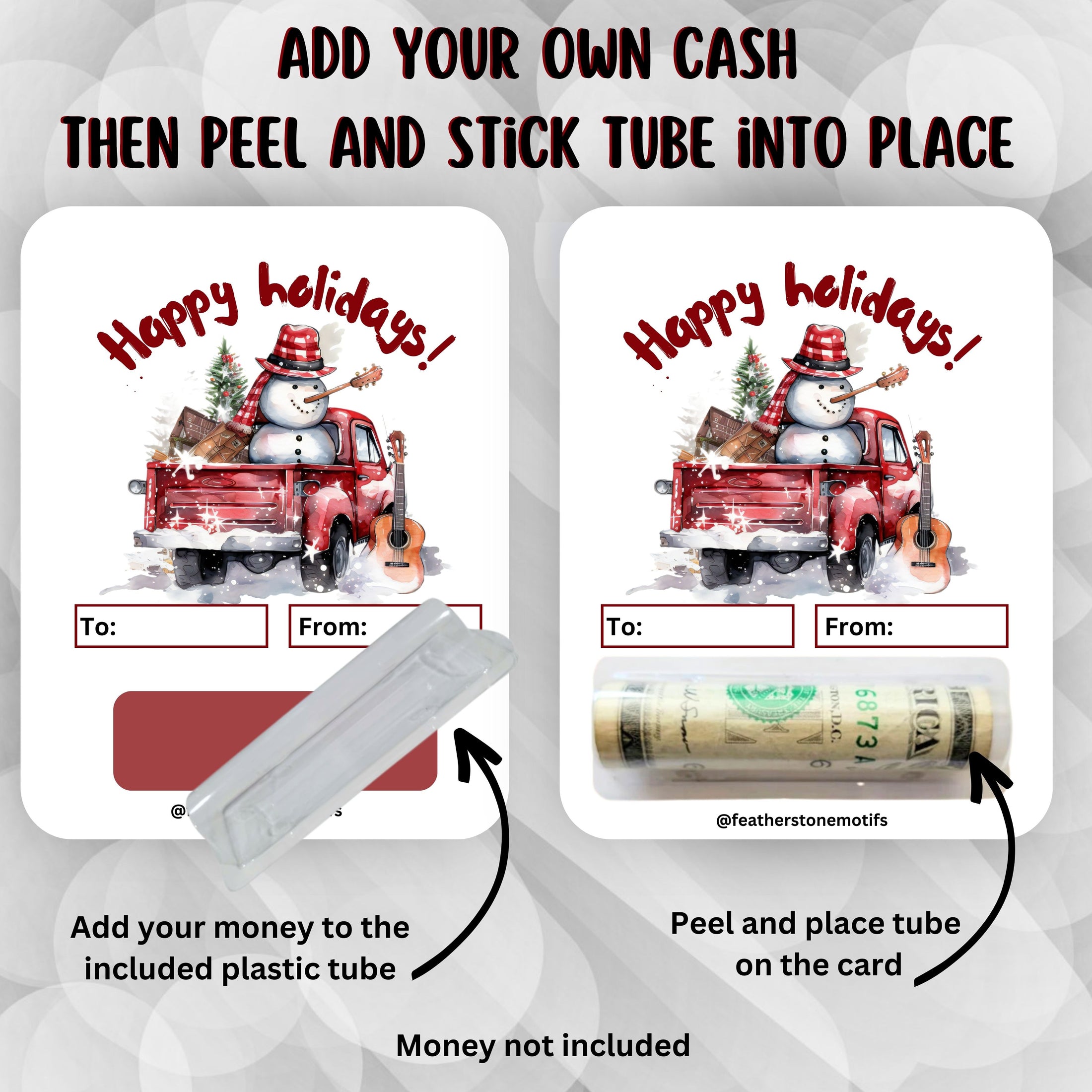 This image shows how to attach the money tube to the Pickup Holidays Money Card.